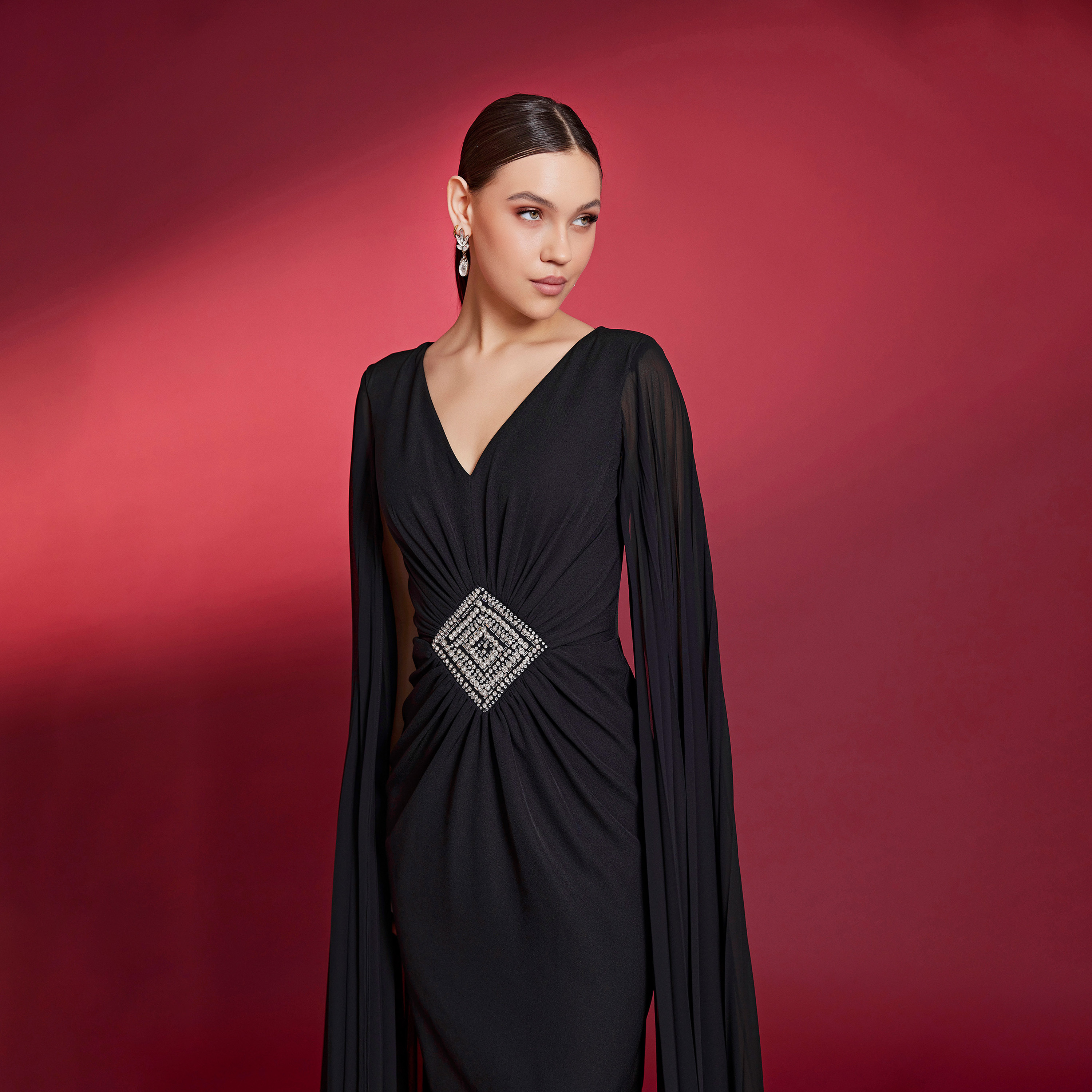 اسبيليا-  فستان للنساء ماكسي بفتحة رقبة على شكل حرف V  بوليستر مزخرف-women-clothing-dresses-image-3
