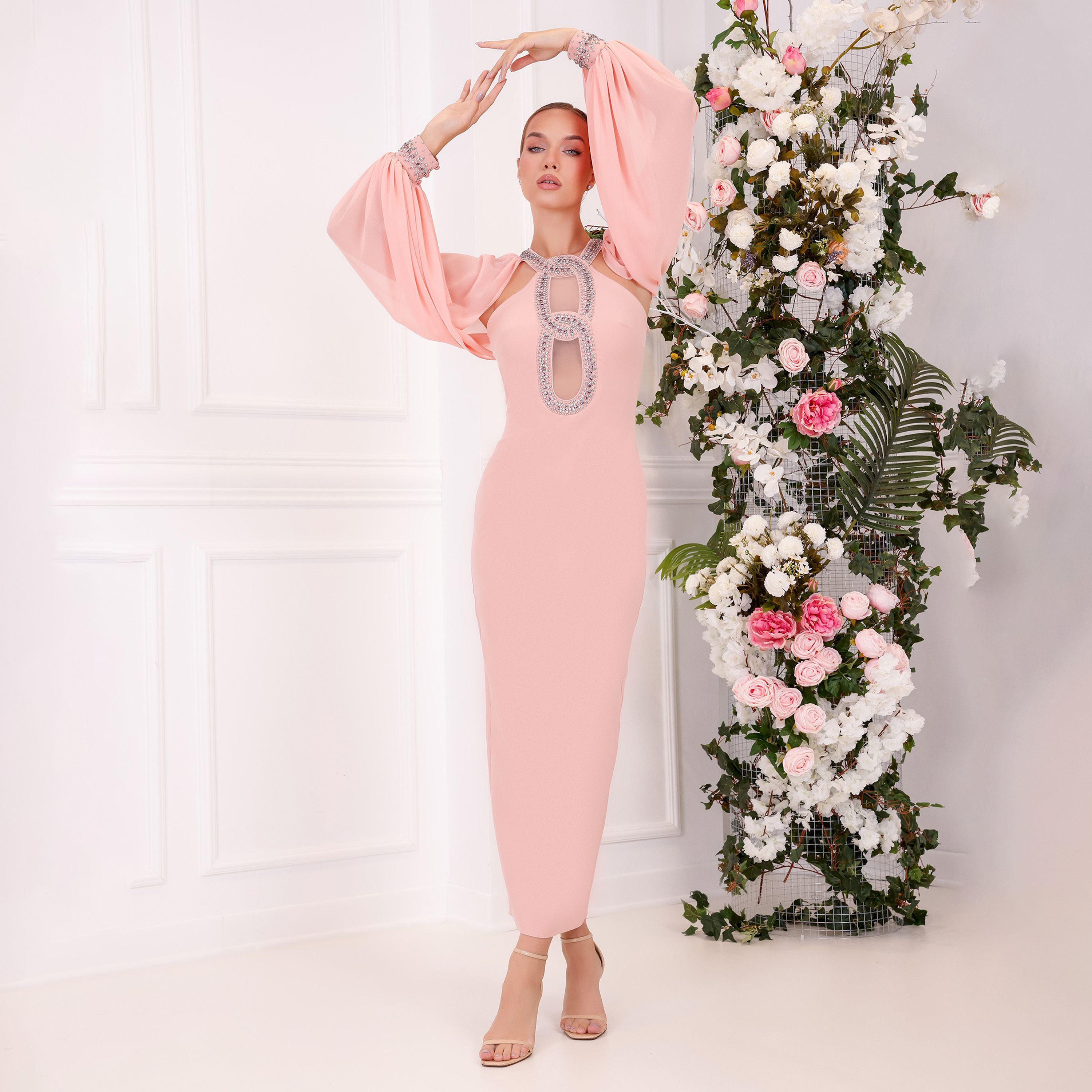 Ispilia Embellished Halter Neck Slit Women's Evening wear Maxi Dress-women-clothing-dresses-image-4