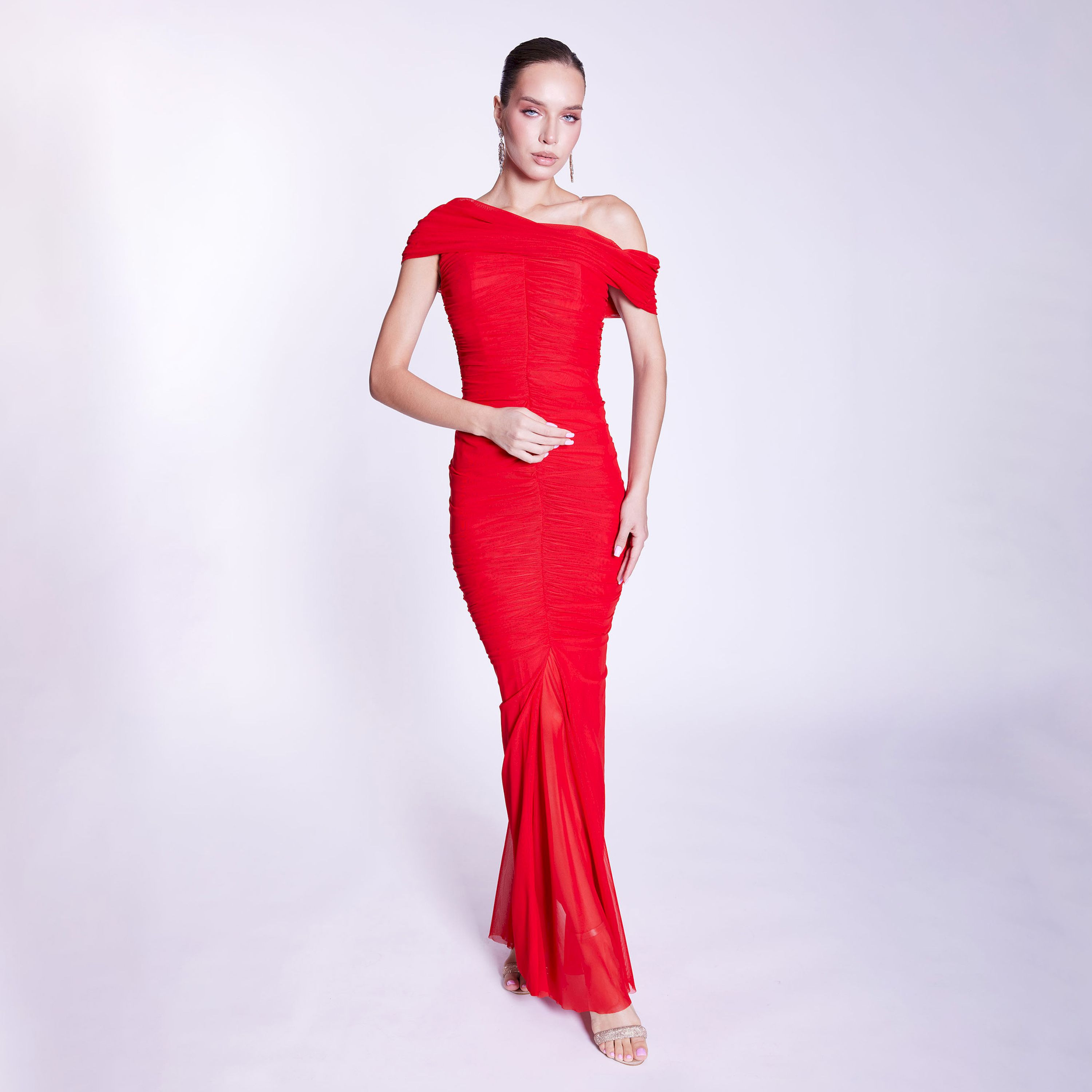 اسبيليا-  فستان ماكسي للنساء سادة  بوليستر برقبة غير متماثلة وأكتاف مكشوفة-women-clothing-dresses-image-1