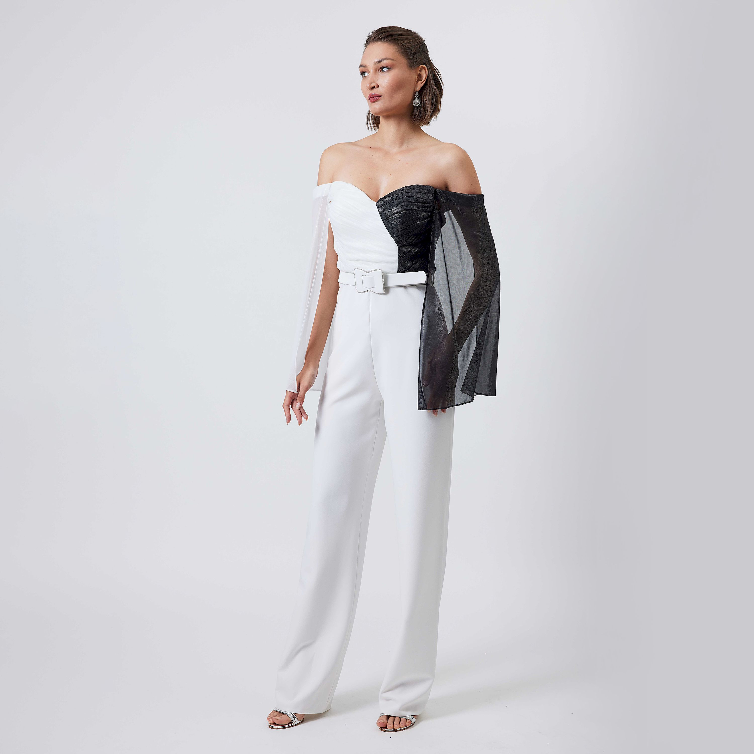 اسبيليا-  جمبسوت للنساء سادة  بوليستر برقبة مكشوفة وأكتاف مكشوفة وحزام-women-clothing-jumpsuits-image-1