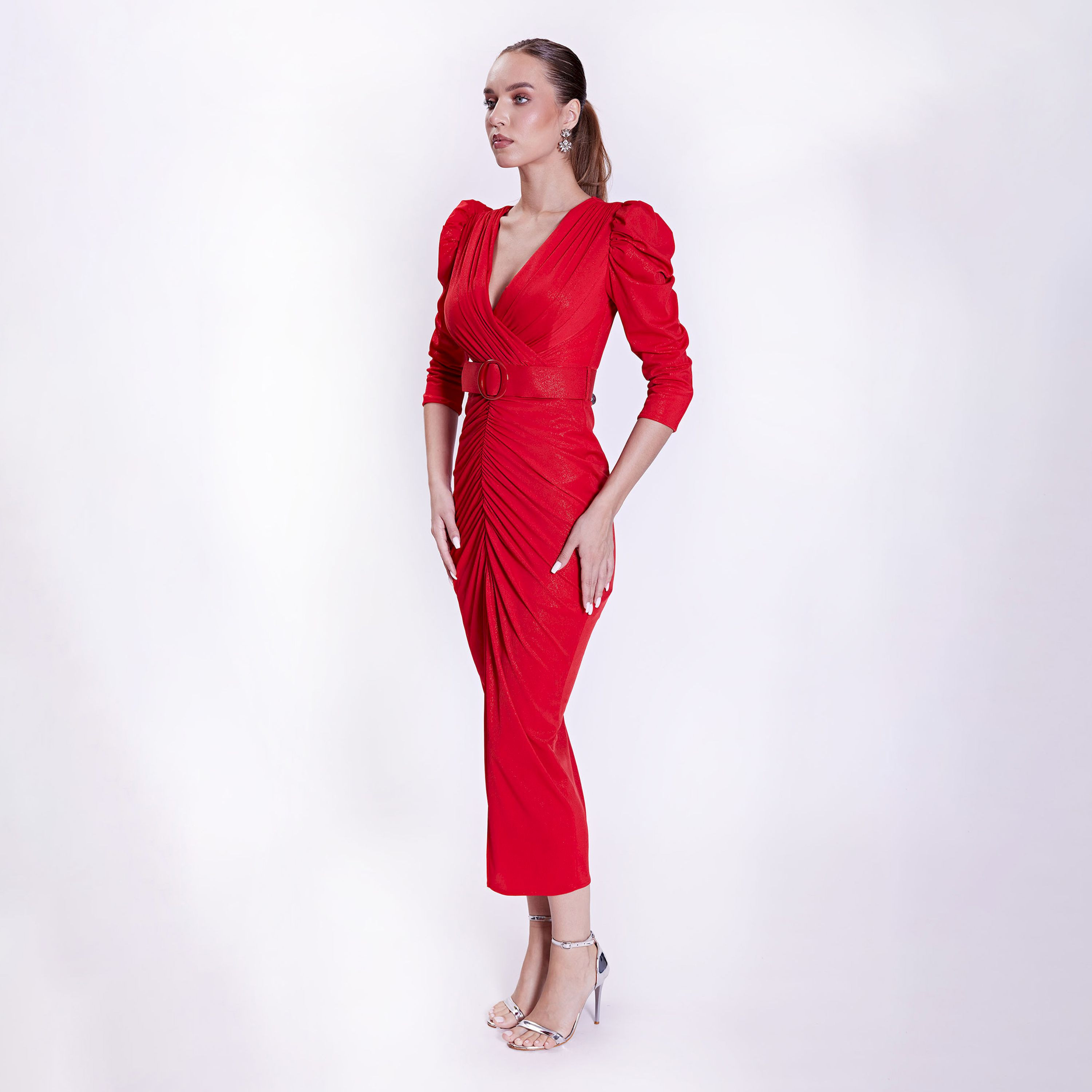 اسبيليا-  فستان للنساء متوسط ​​الطول  بوليستر برقبة على شكل حرف V وحزام-women-clothing-dresses-image-1