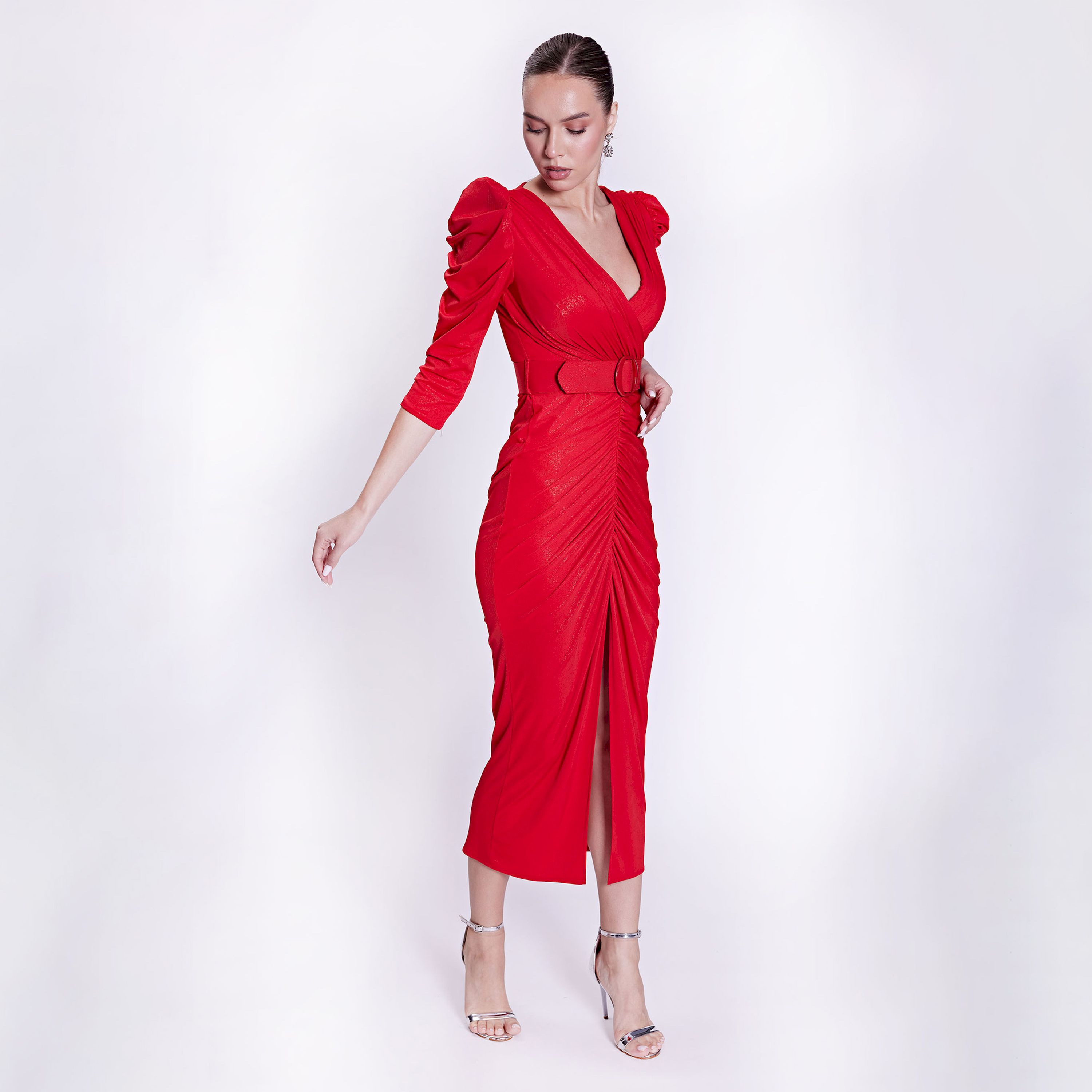 اسبيليا-  فستان للنساء متوسط ​​الطول  بوليستر برقبة على شكل حرف V وحزام-women-clothing-dresses-image-2