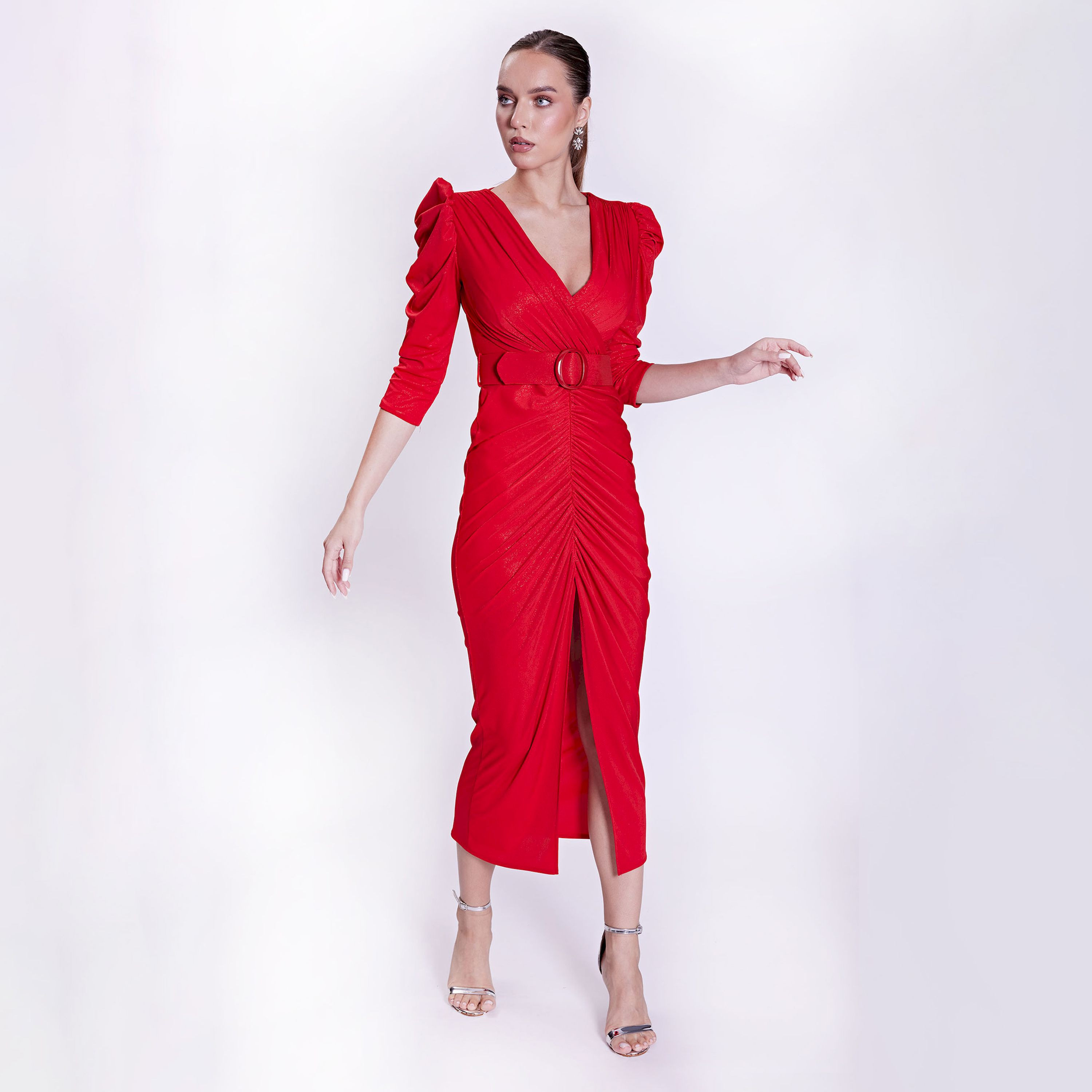 اسبيليا-  فستان للنساء متوسط ​​الطول  بوليستر برقبة على شكل حرف V وحزام-women-clothing-dresses-image-3