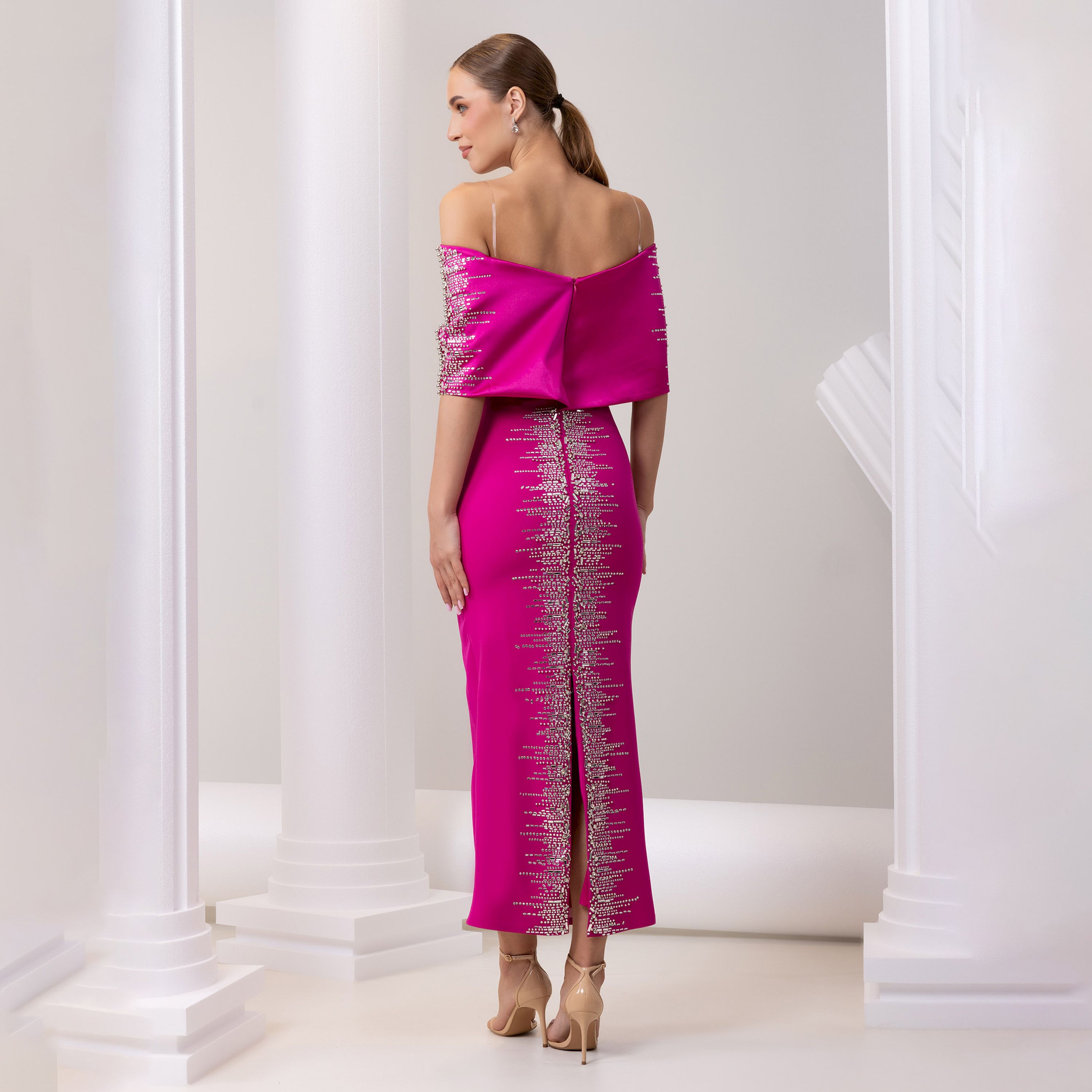 اسبيليا-  فستان ماكسي للنساء  بوليستر مزخرف بياقة منخفضة ومفتوح الكتفين-women-clothing-dresses-image-2