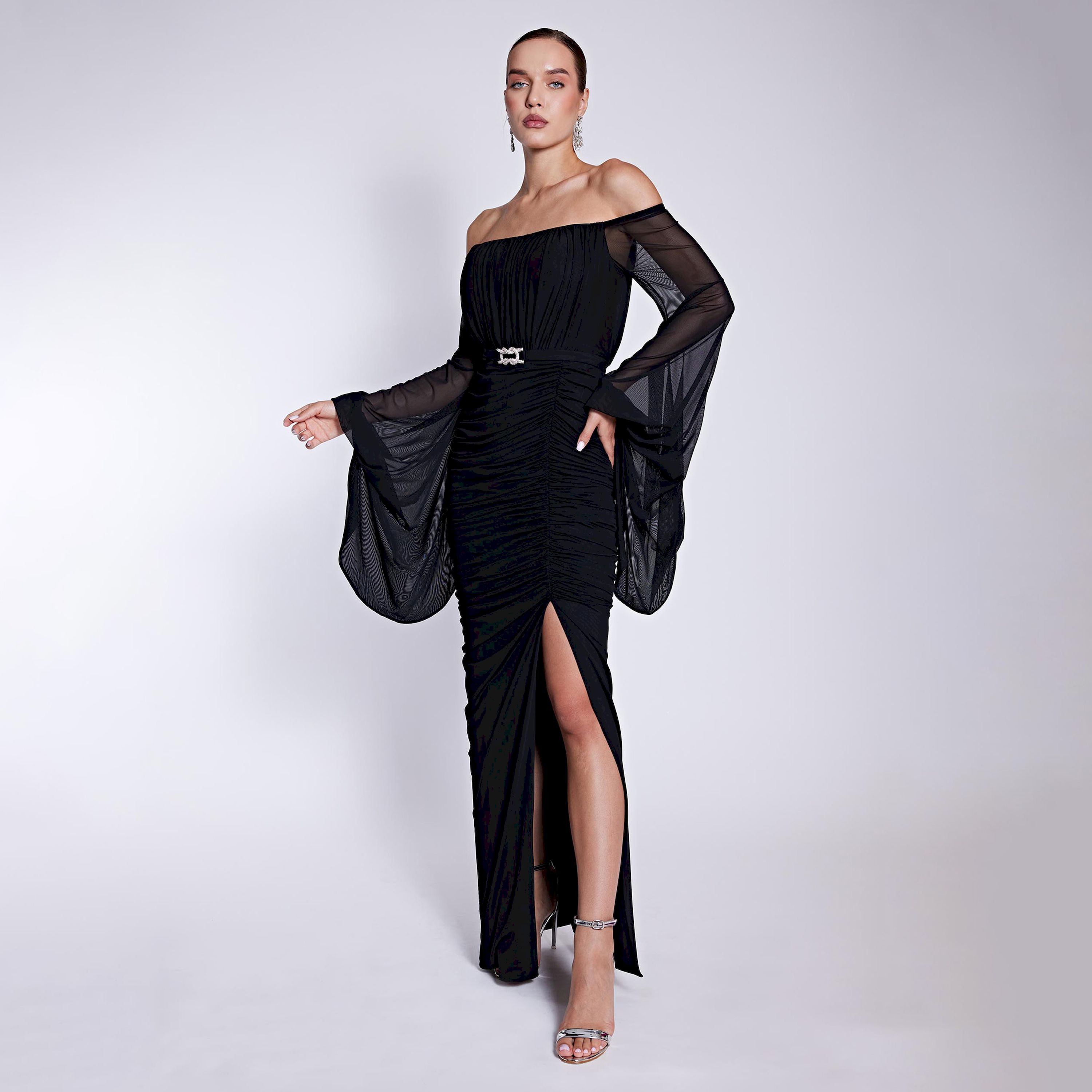 اسبيليا-  فستان ماكسي للنساء سادة  بوليستر برقبة مكشوفة وأكتاف مكشوفة وحزام-women-clothing-dresses-image-7