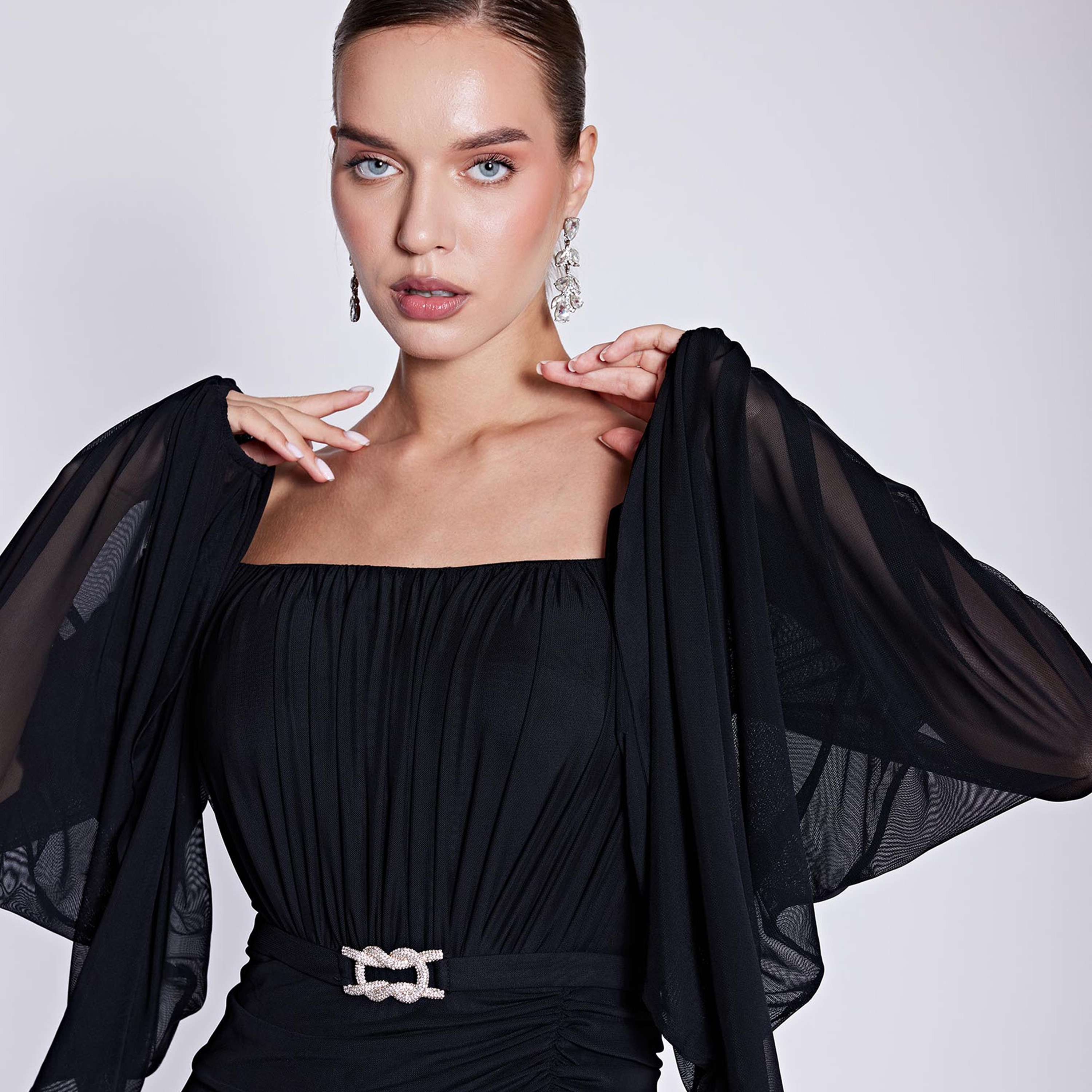 اسبيليا-  فستان ماكسي للنساء سادة  بوليستر برقبة مكشوفة وأكتاف مكشوفة وحزام-women-clothing-dresses-image-9