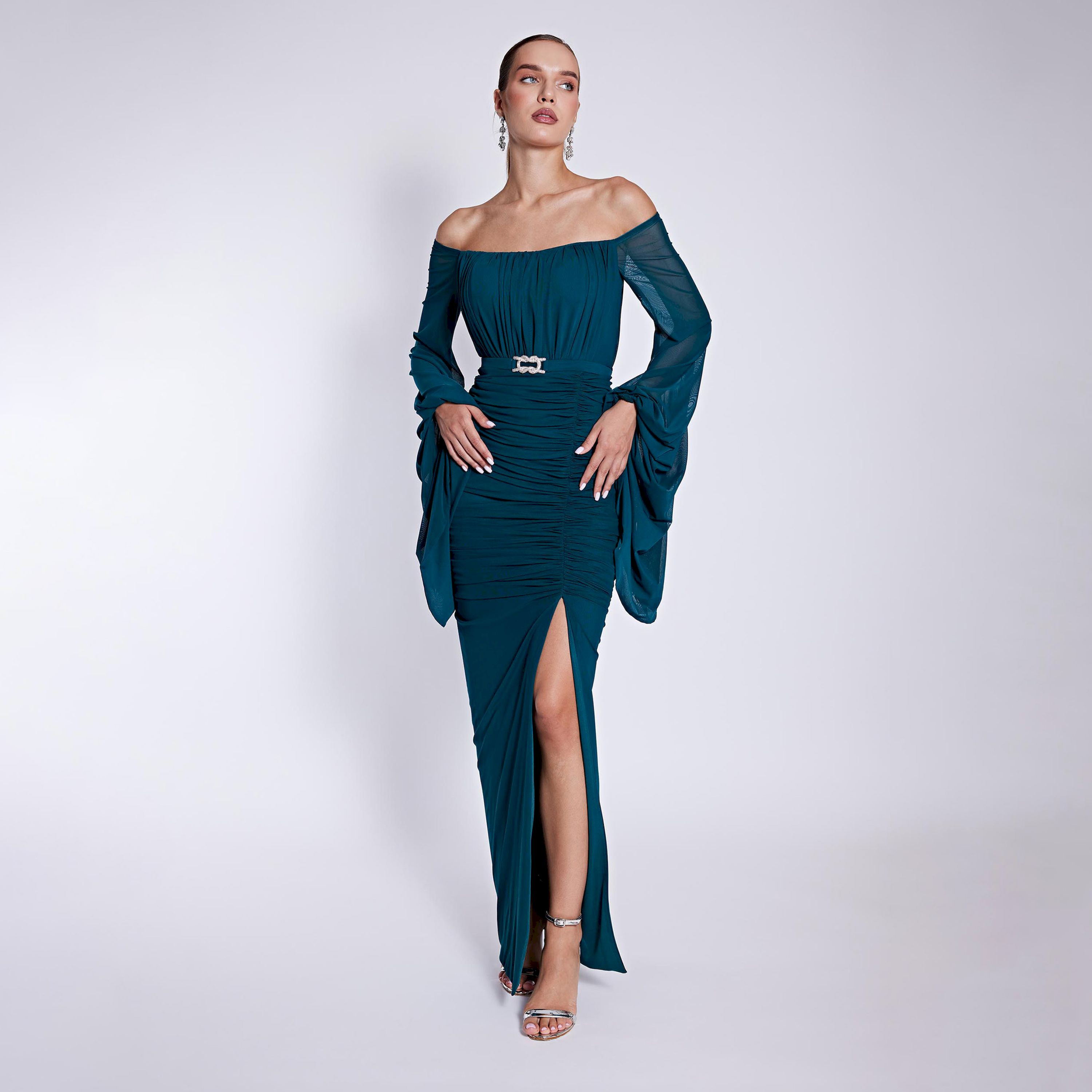 Ispilia Off-Shoulder Neck Women's Evening wear Belted Maxi Dress-women-clothing-dresses-image-1