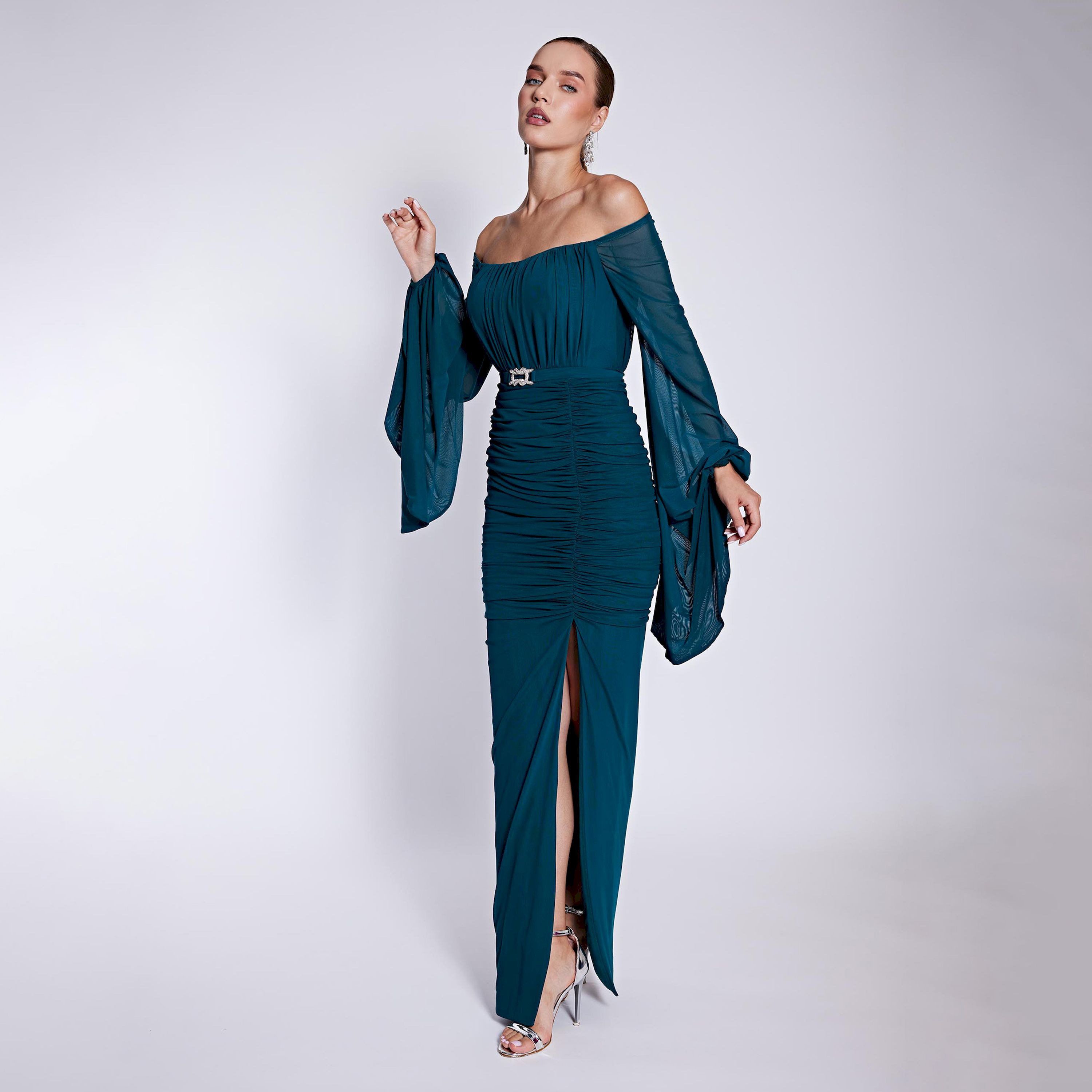 اسبيليا-  فستان ماكسي للنساء سادة  بوليستر برقبة مكشوفة وأكتاف مكشوفة وحزام-women-clothing-dresses-image-2