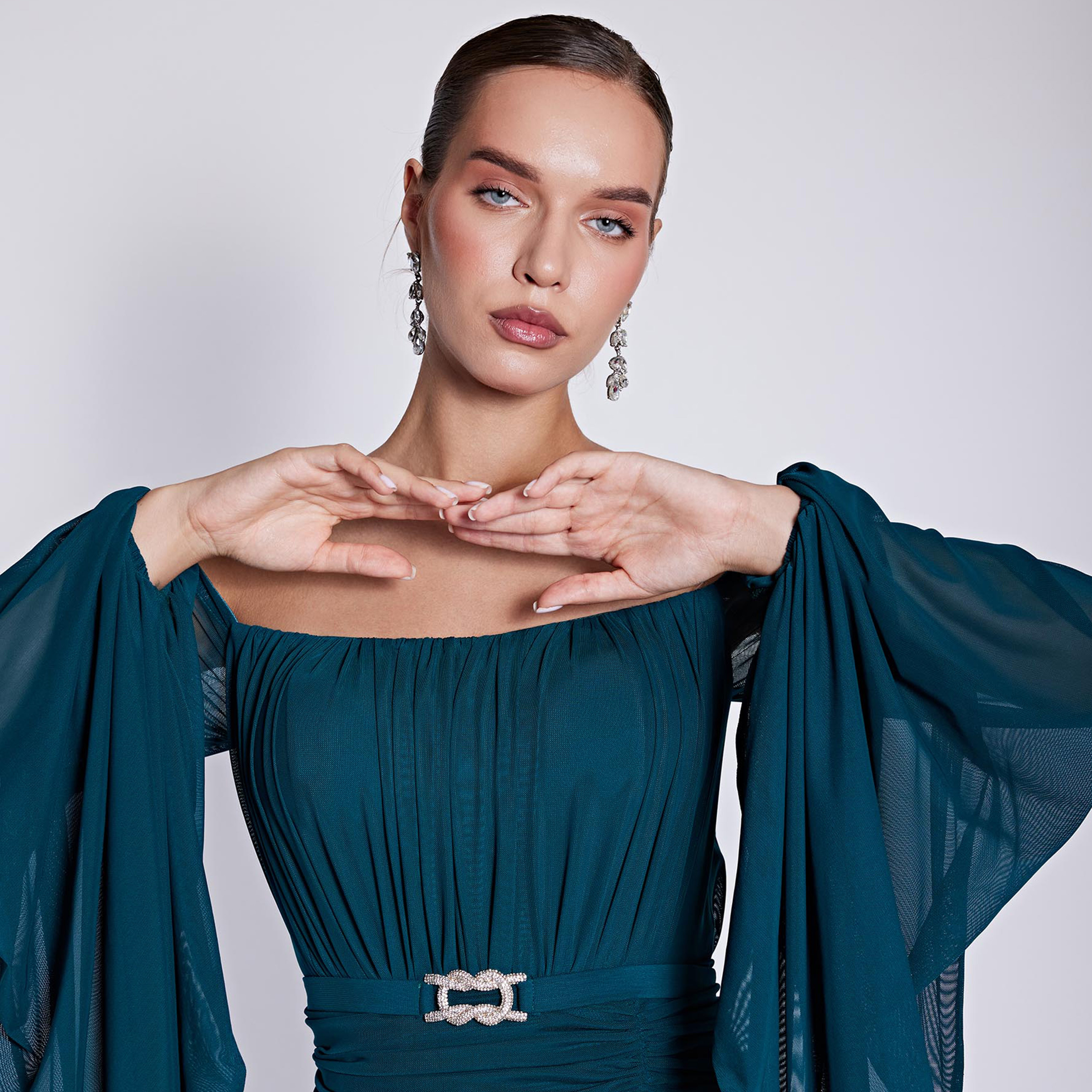 اسبيليا-  فستان ماكسي للنساء سادة  بوليستر برقبة مكشوفة وأكتاف مكشوفة وحزام-women-clothing-dresses-image-4