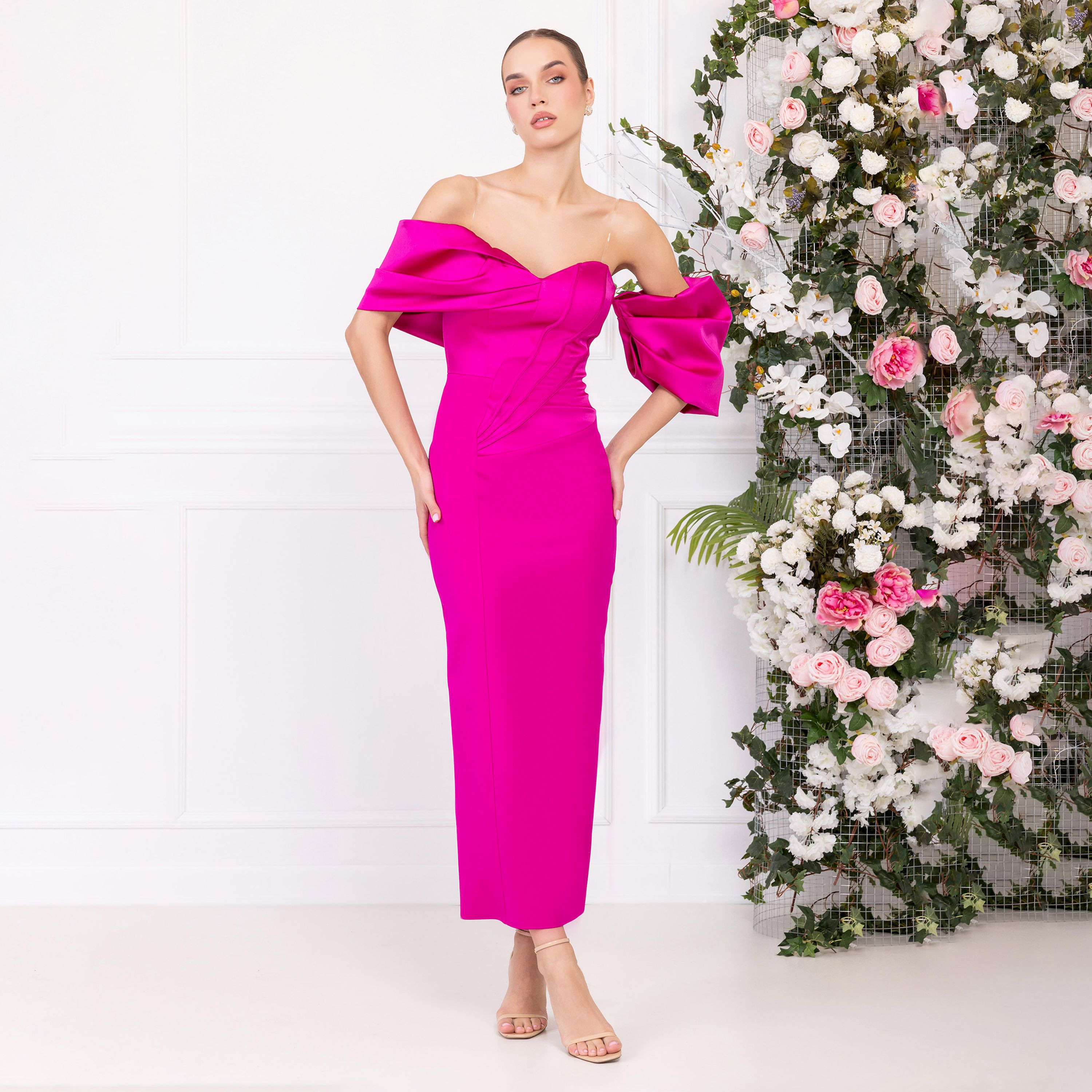 اسبيليا-  فستان ماكسي للنساء  بوليستر مطوي بياقة منخفضة ومفتوح الكتفين-women-clothing-dresses-image-6