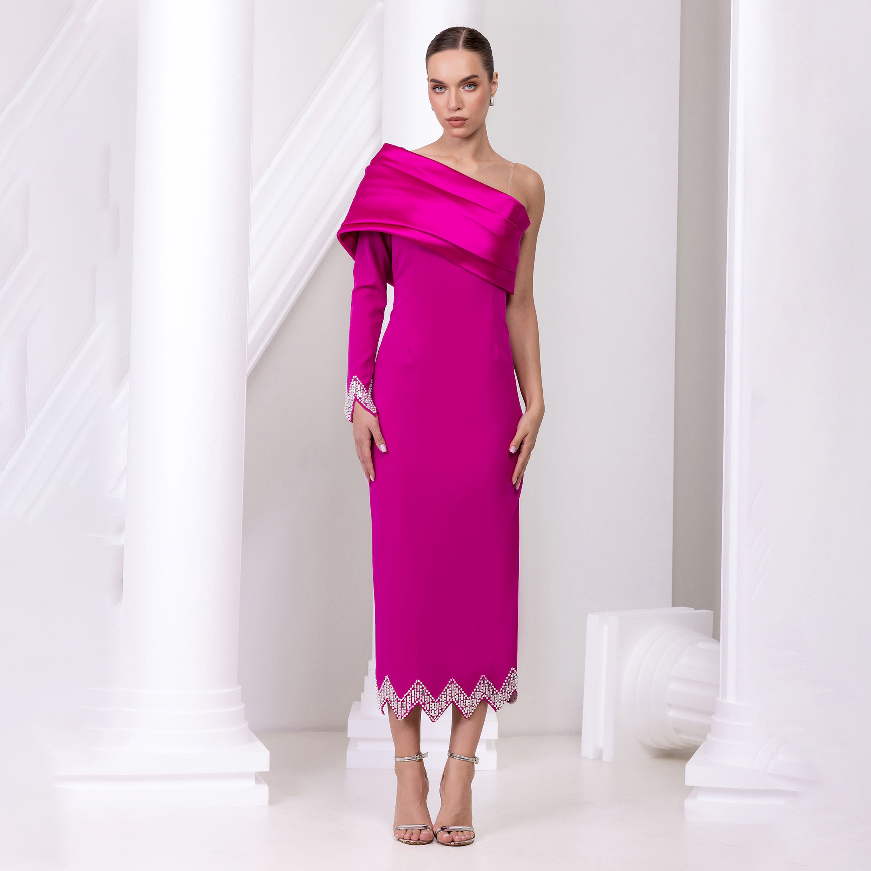 اسبيليا-  فستان ميدي للنساء غير متماثل بكتف واحد  بوليستر مزين-women-clothing-dresses-image-1