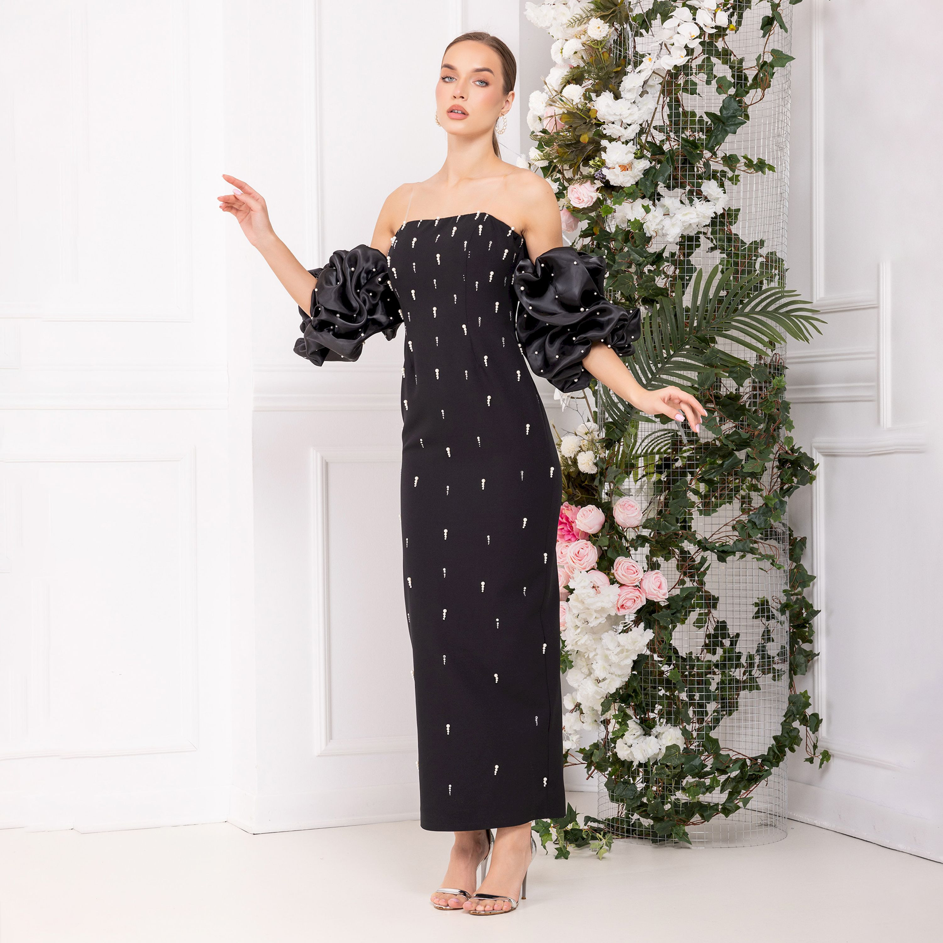اسبيليا-  فستان ماكسي للنساء بدون حمالات بفتحة  بوليستر مزين-women-clothing-dresses-image-1