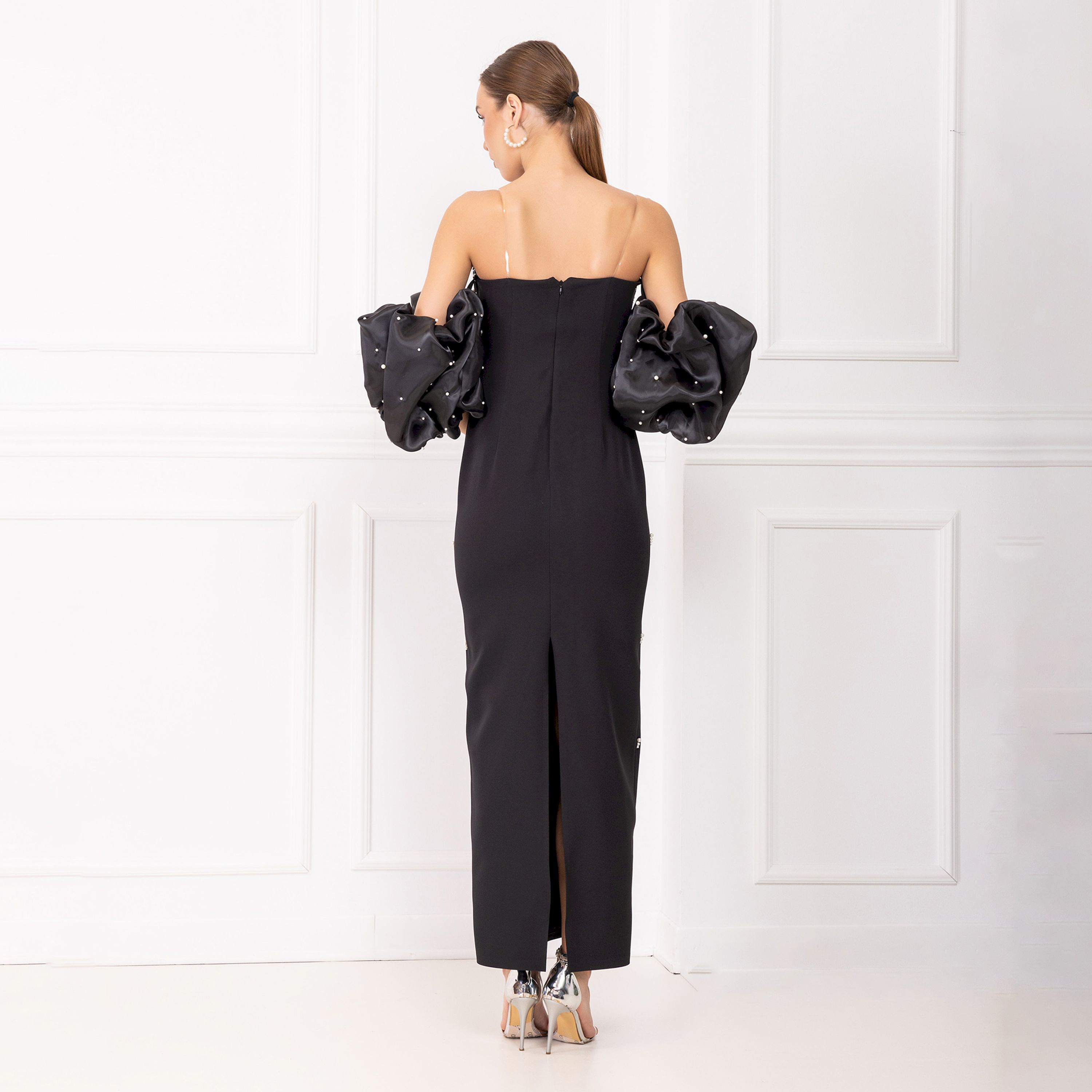 اسبيليا-  فستان ماكسي للنساء بدون حمالات بفتحة  بوليستر مزين-women-clothing-dresses-image-2