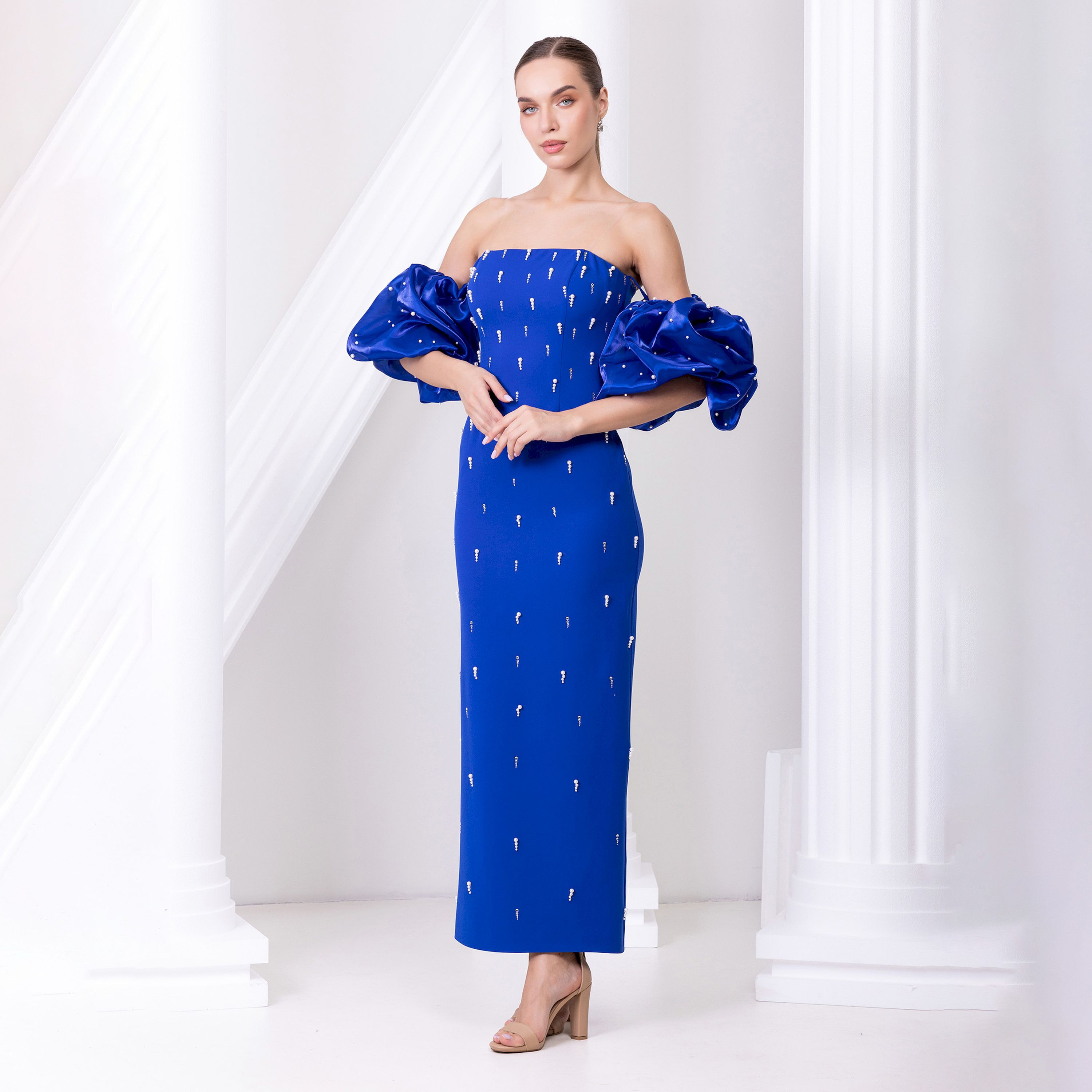 اسبيليا-  فستان ماكسي للنساء بدون حمالات بفتحة  بوليستر مزين-women-clothing-dresses-image-7
