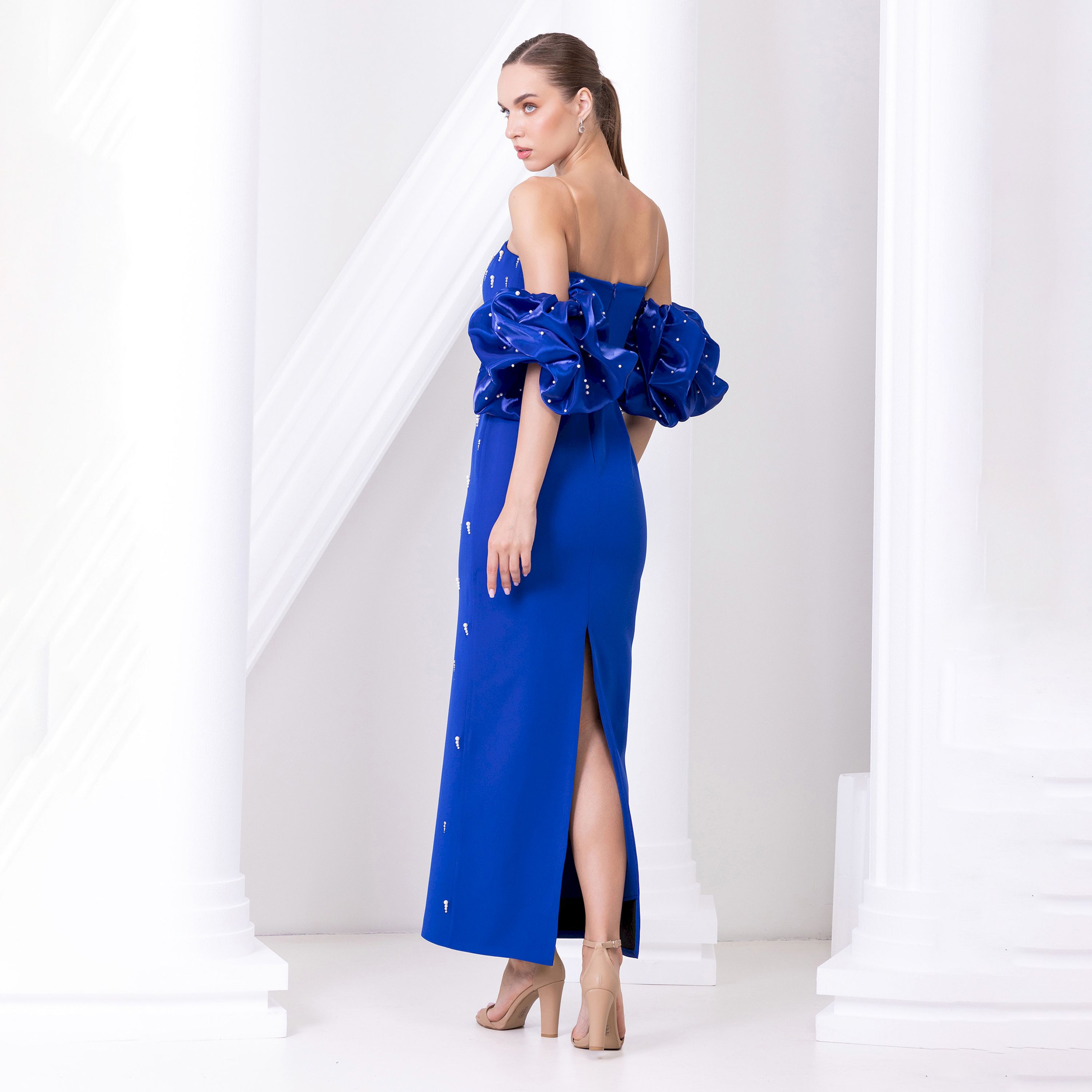 اسبيليا-  فستان ماكسي للنساء بدون حمالات بفتحة  بوليستر مزين-women-clothing-dresses-image-8