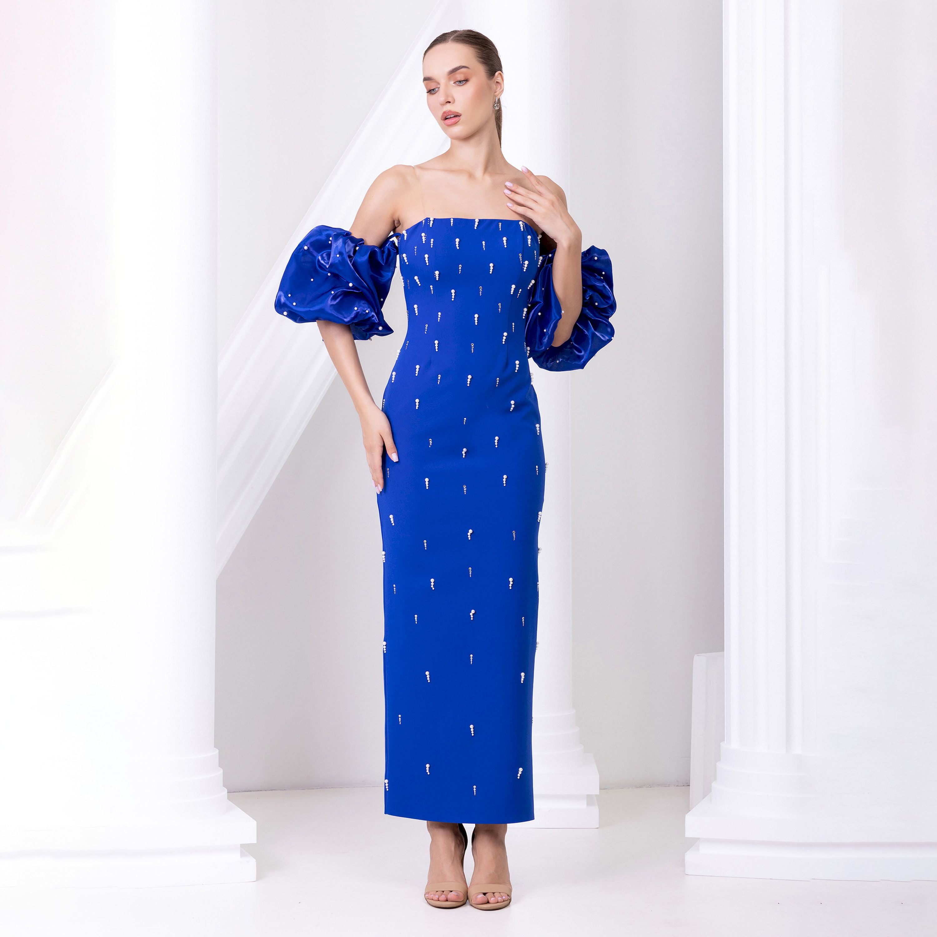 اسبيليا-  فستان ماكسي للنساء بدون حمالات بفتحة  بوليستر مزين-women-clothing-dresses-image-9