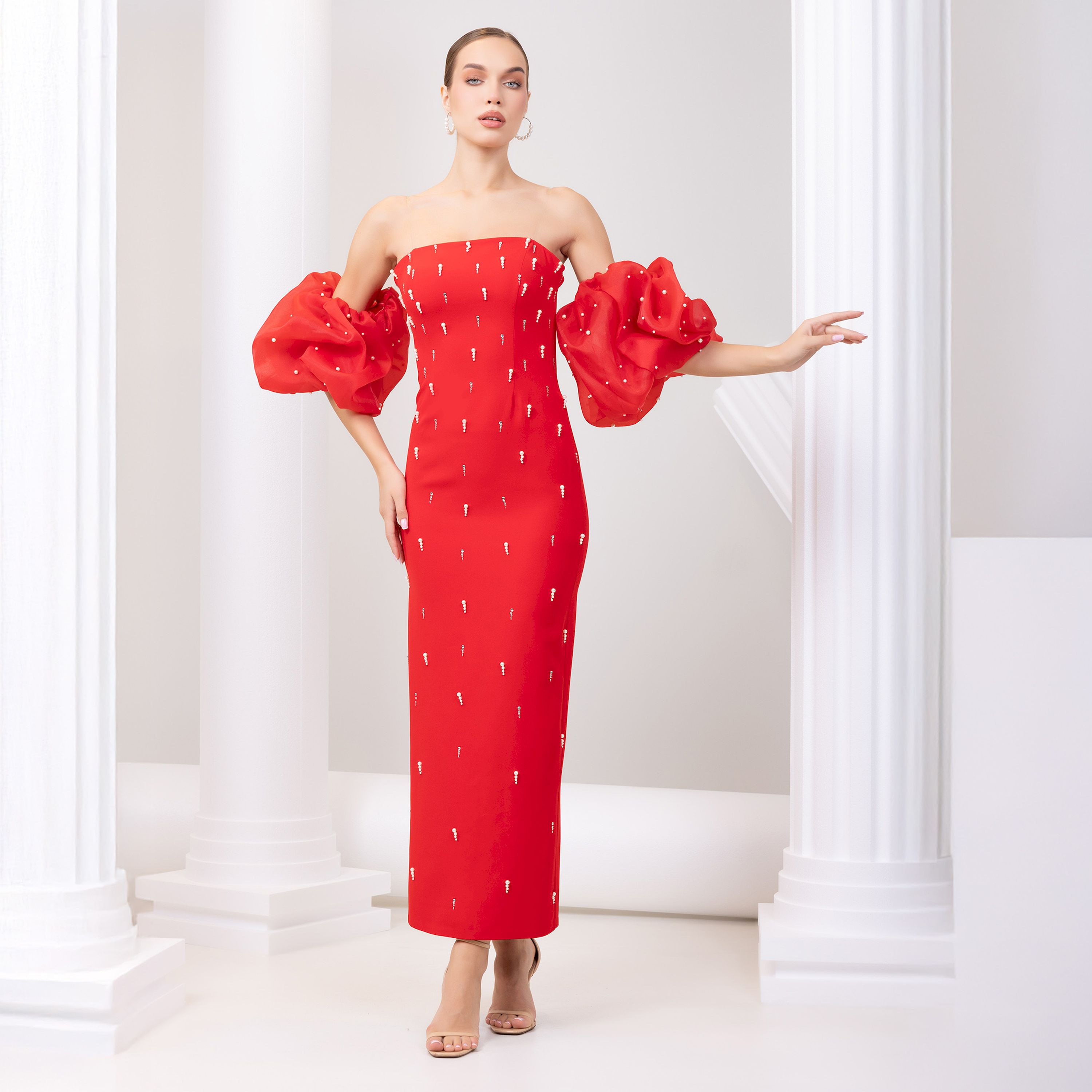 اسبيليا-  فستان ماكسي للنساء بدون حمالات بفتحة  بوليستر مزين-women-clothing-dresses-image-11