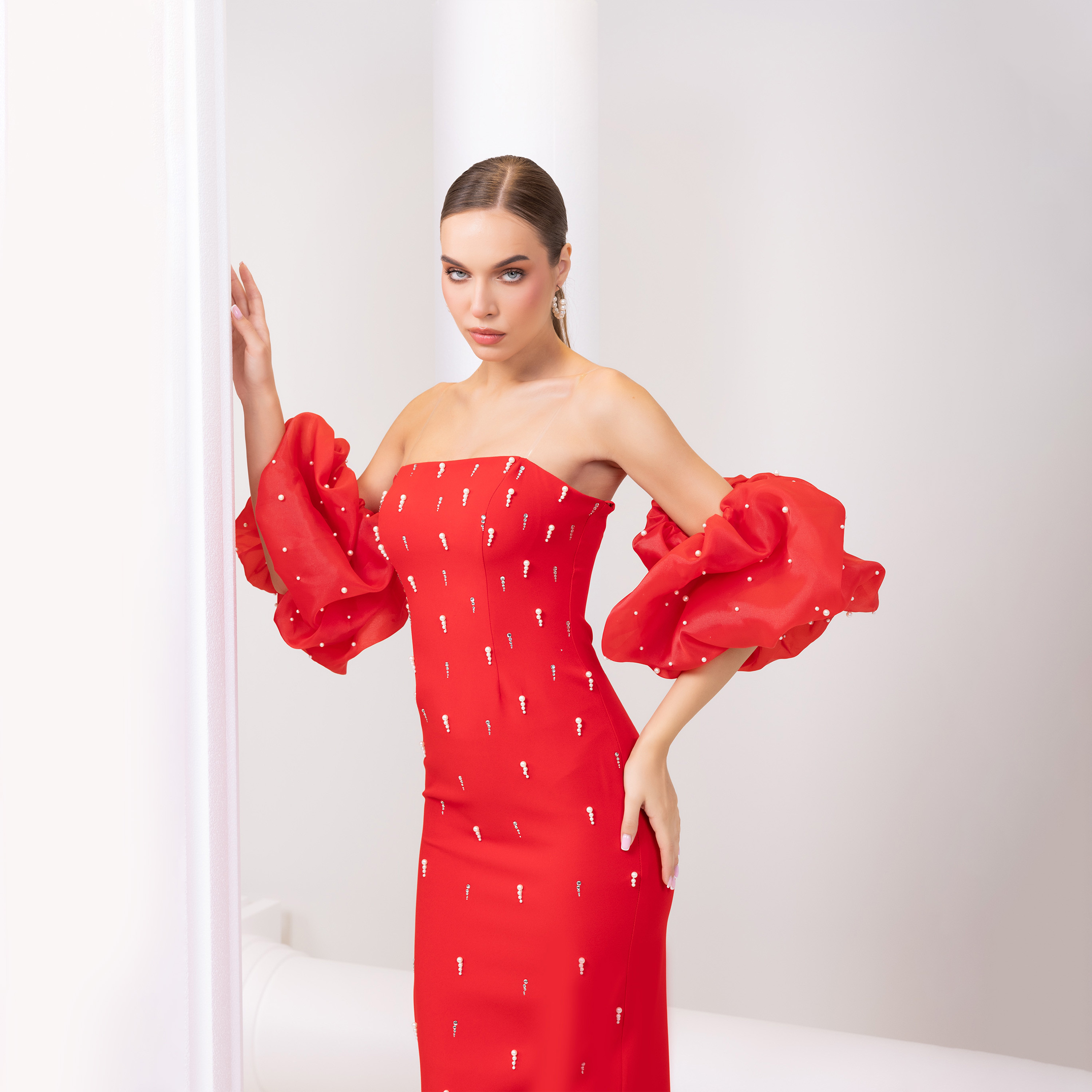 اسبيليا-  فستان ماكسي للنساء بدون حمالات بفتحة  بوليستر مزين-women-clothing-dresses-image-13