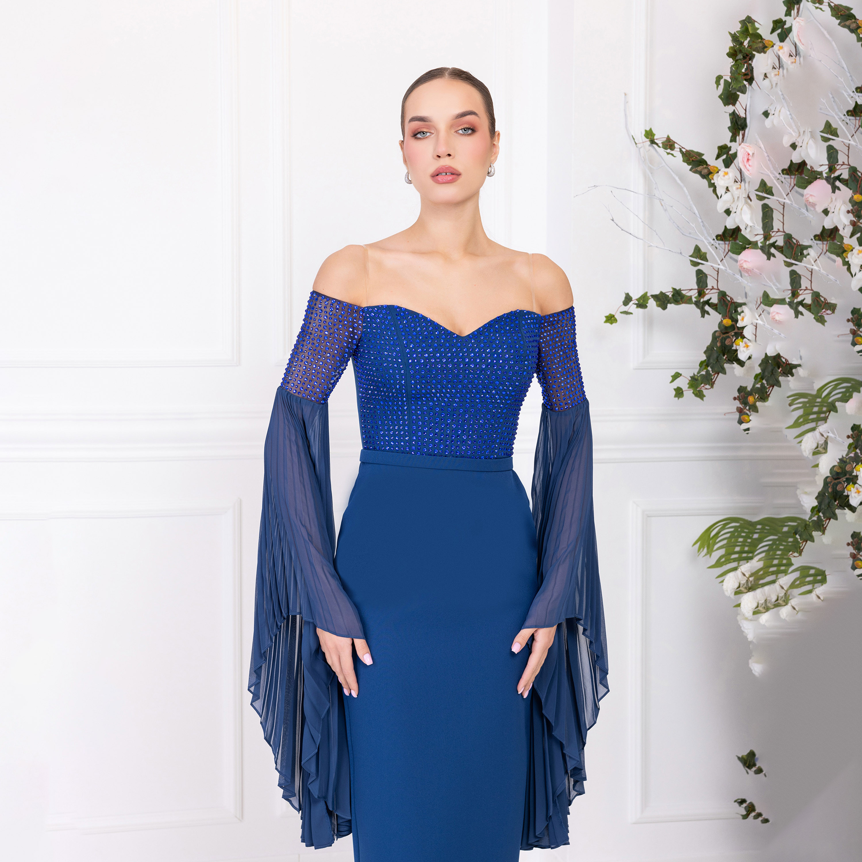 اسبيليا-  فستان ماكسي للنساء مكشوف الكتفين ومطوي بياقة على شكل قلب  بوليستر مزين-women-clothing-dresses-image-7