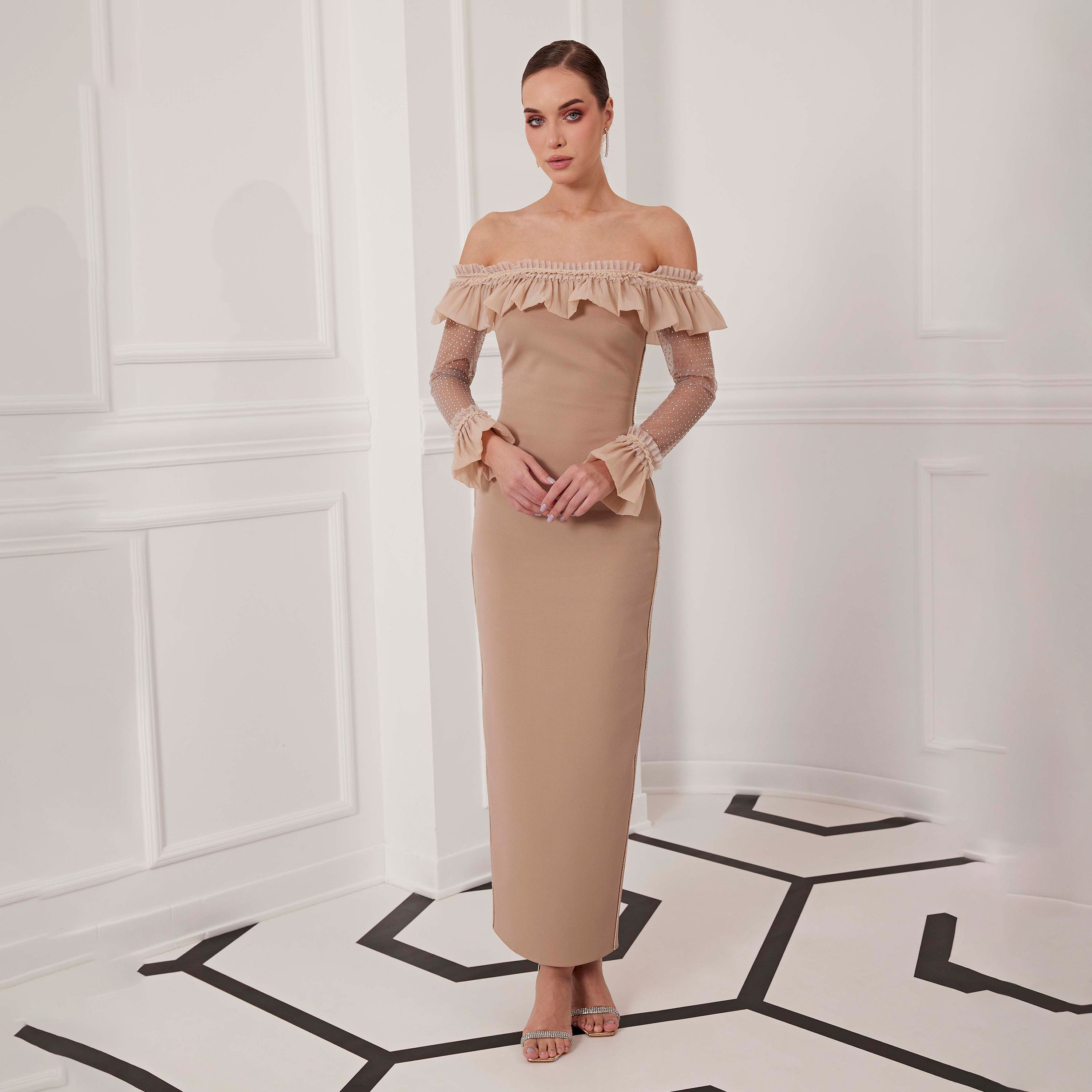 Ispilia Embellished Off-Shoulder Neck Slit Women's Evening wear Maxi Dress-women-clothing-dresses-image-2