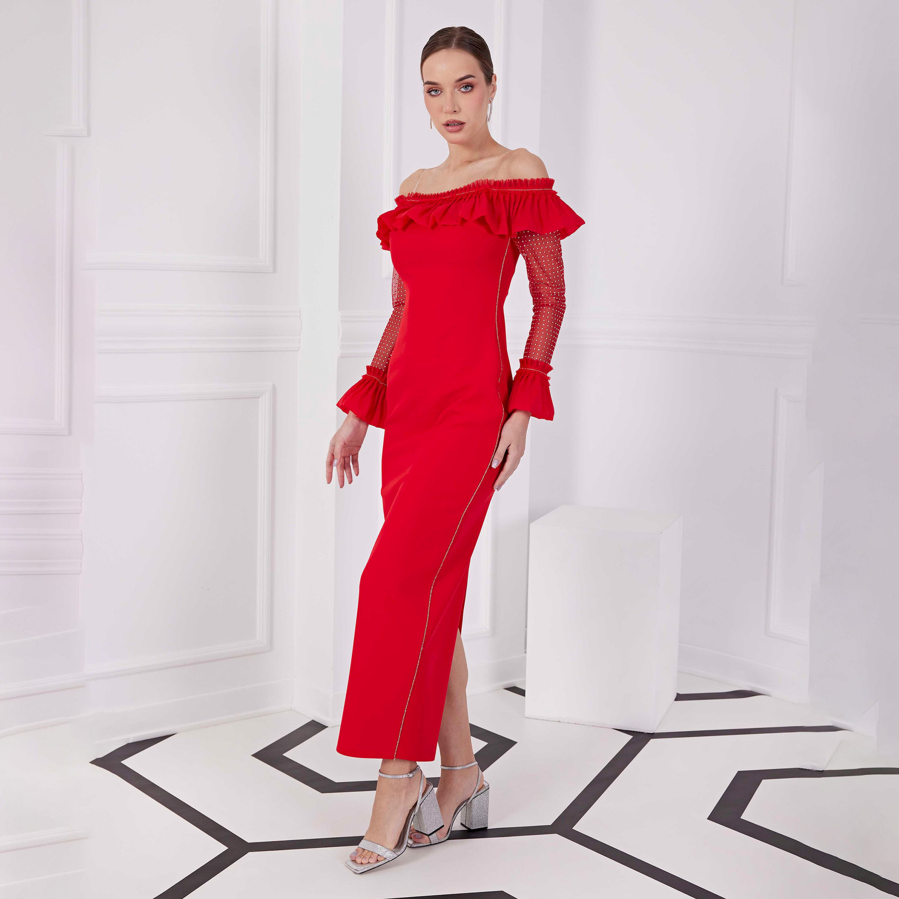اسبيليا-  فستان ماكسي للنساء  بوليستر مزخرف بياقة منخفضة ومفتوح الكتفين-women-clothing-dresses-image-1