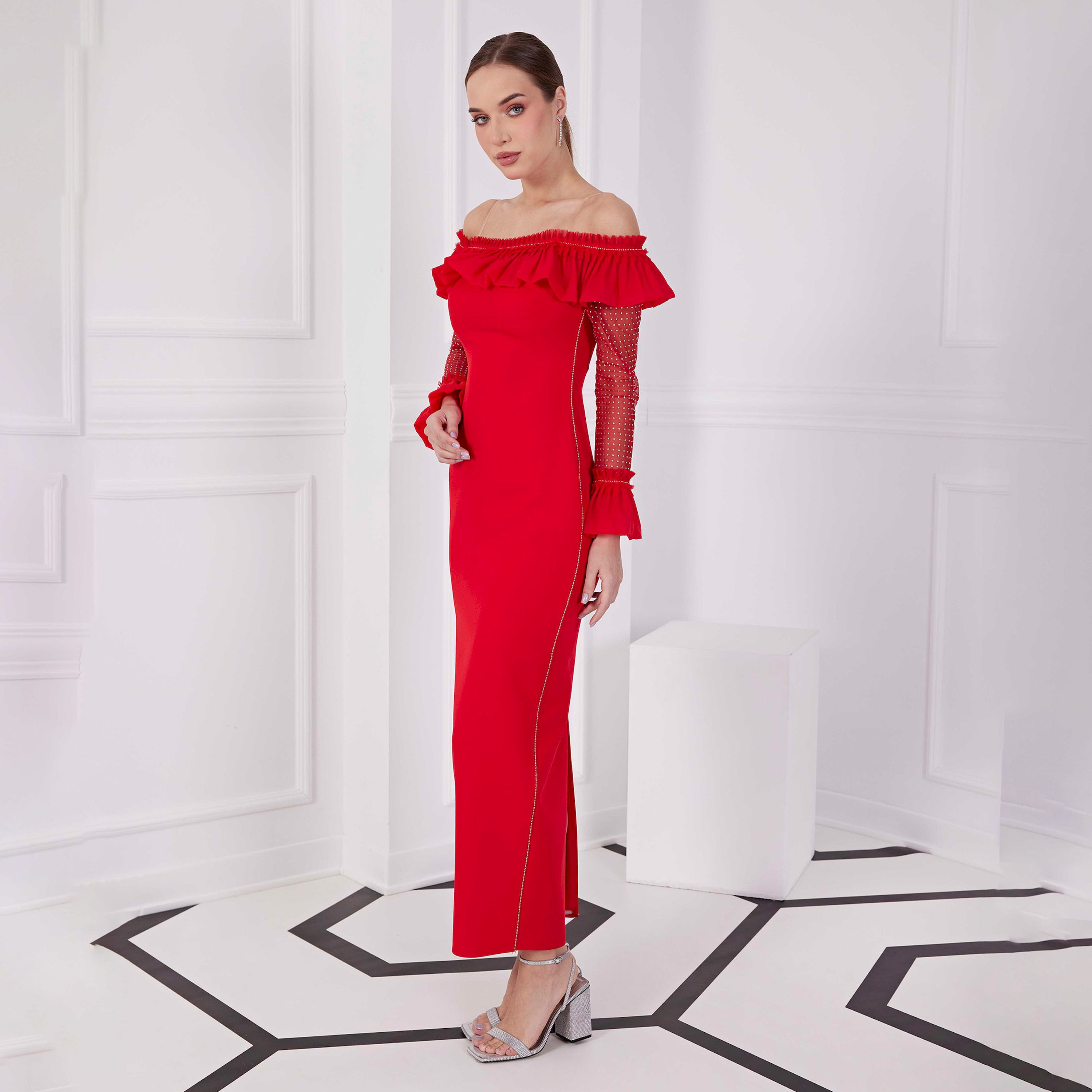 اسبيليا-  فستان ماكسي للنساء  بوليستر مزخرف بياقة منخفضة ومفتوح الكتفين-women-clothing-dresses-image-2