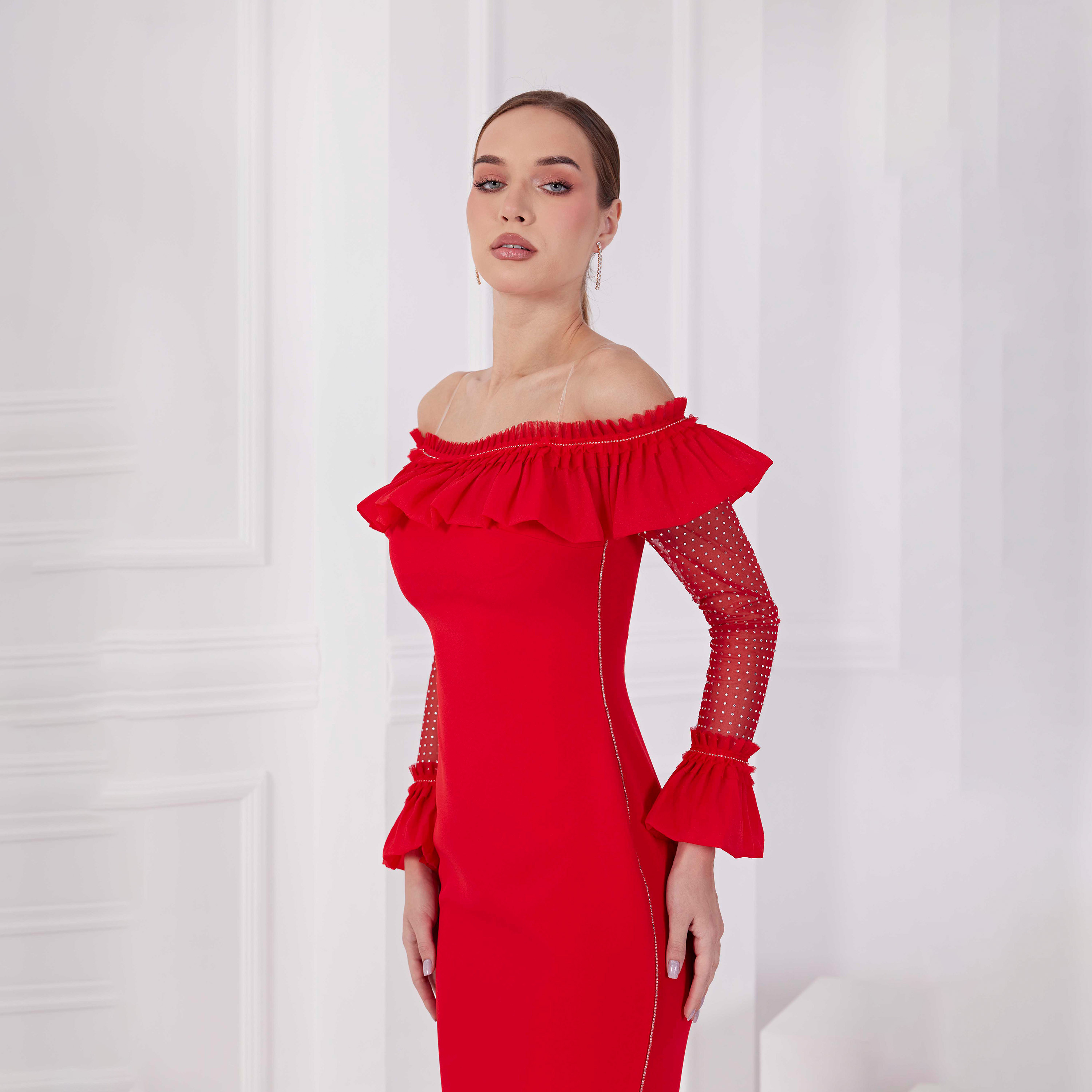 اسبيليا-  فستان ماكسي للنساء  بوليستر مزخرف بياقة منخفضة ومفتوح الكتفين-women-clothing-dresses-image-3