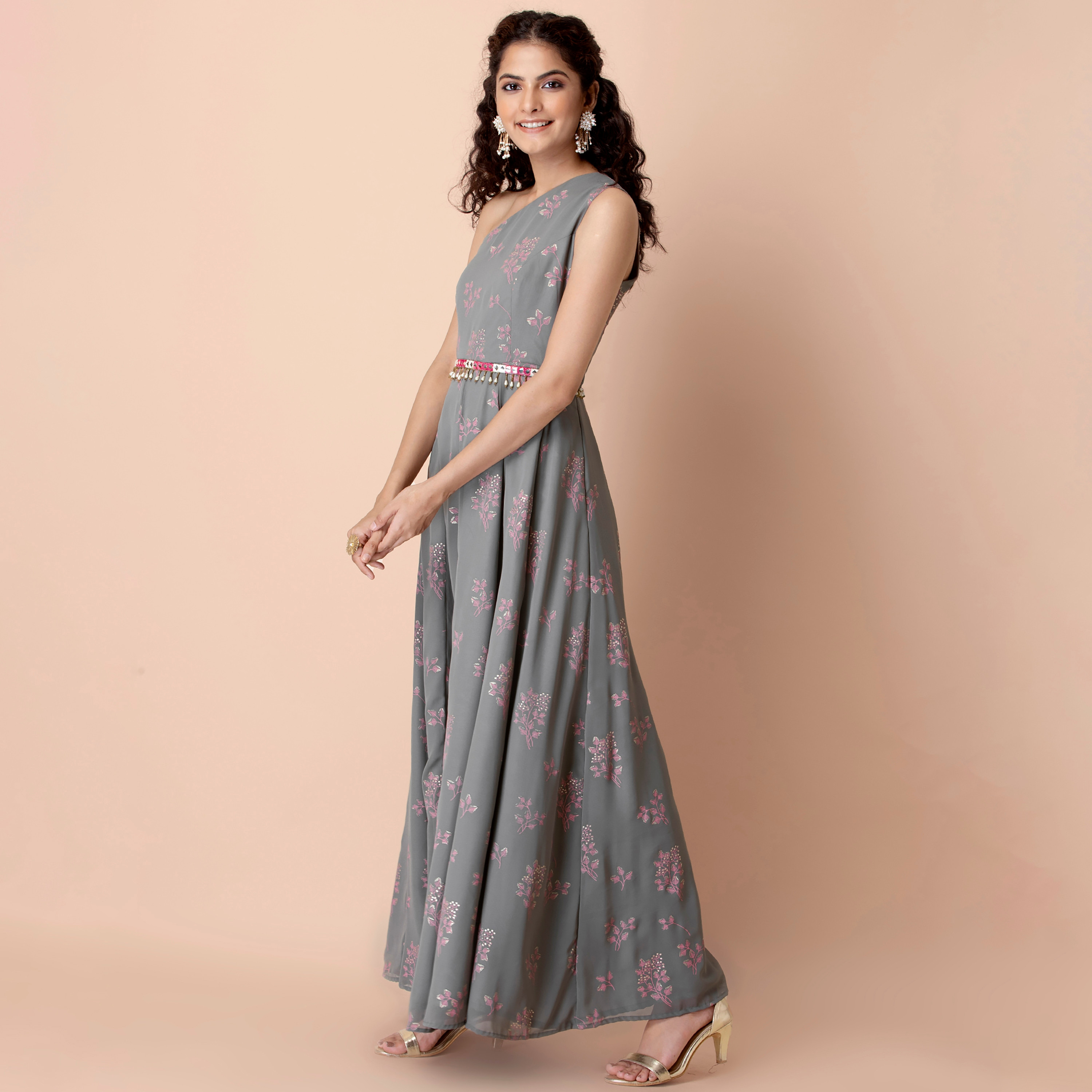 فستان ماكسي إثنيك جورجيت بحزام وزھور بكتف واحد من إنديا مع ميرار وورك-women-clothing-ethnicwear-dresses-image-4