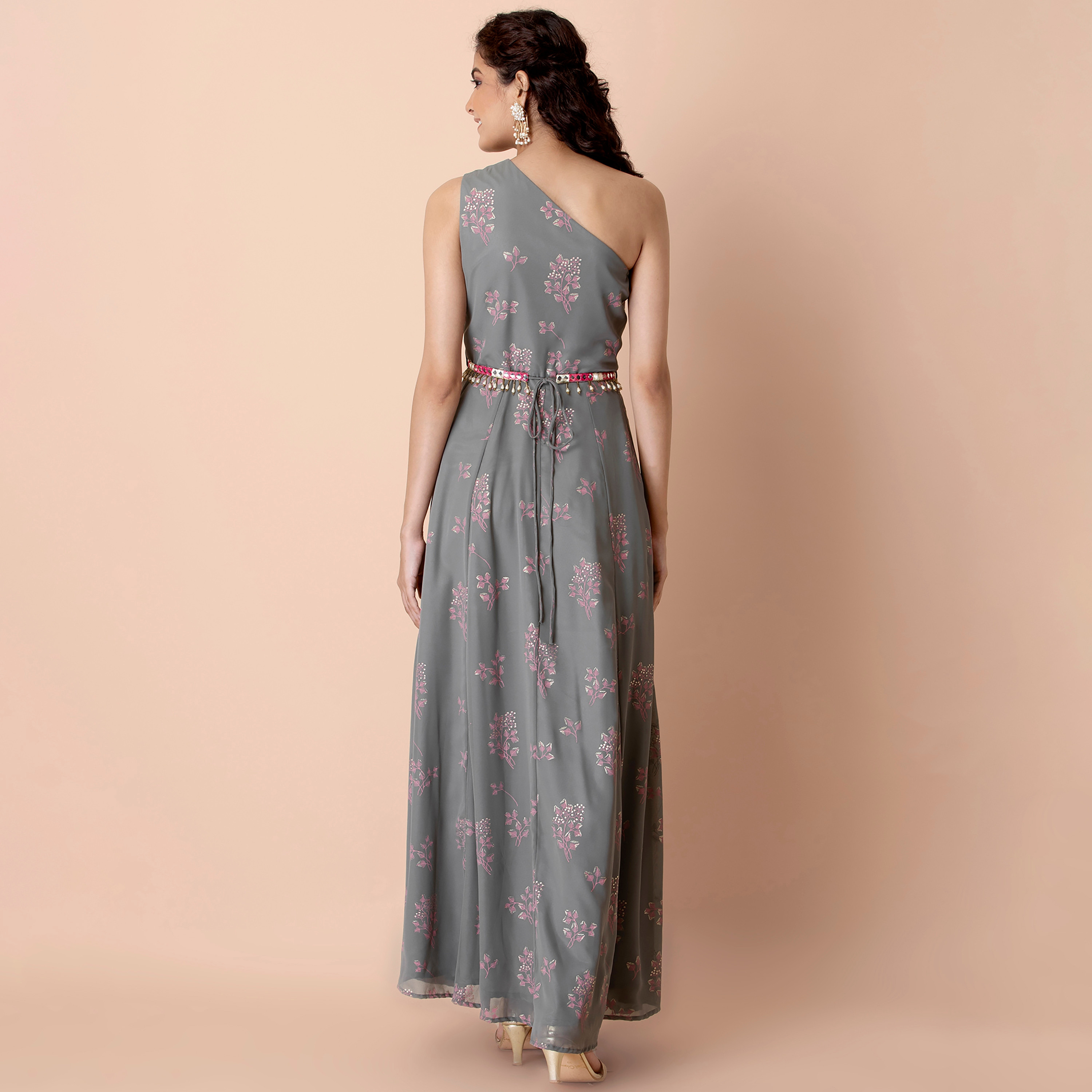 فستان ماكسي إثنيك جورجيت بحزام وزھور بكتف واحد من إنديا مع ميرار وورك-women-clothing-ethnicwear-dresses-image-5