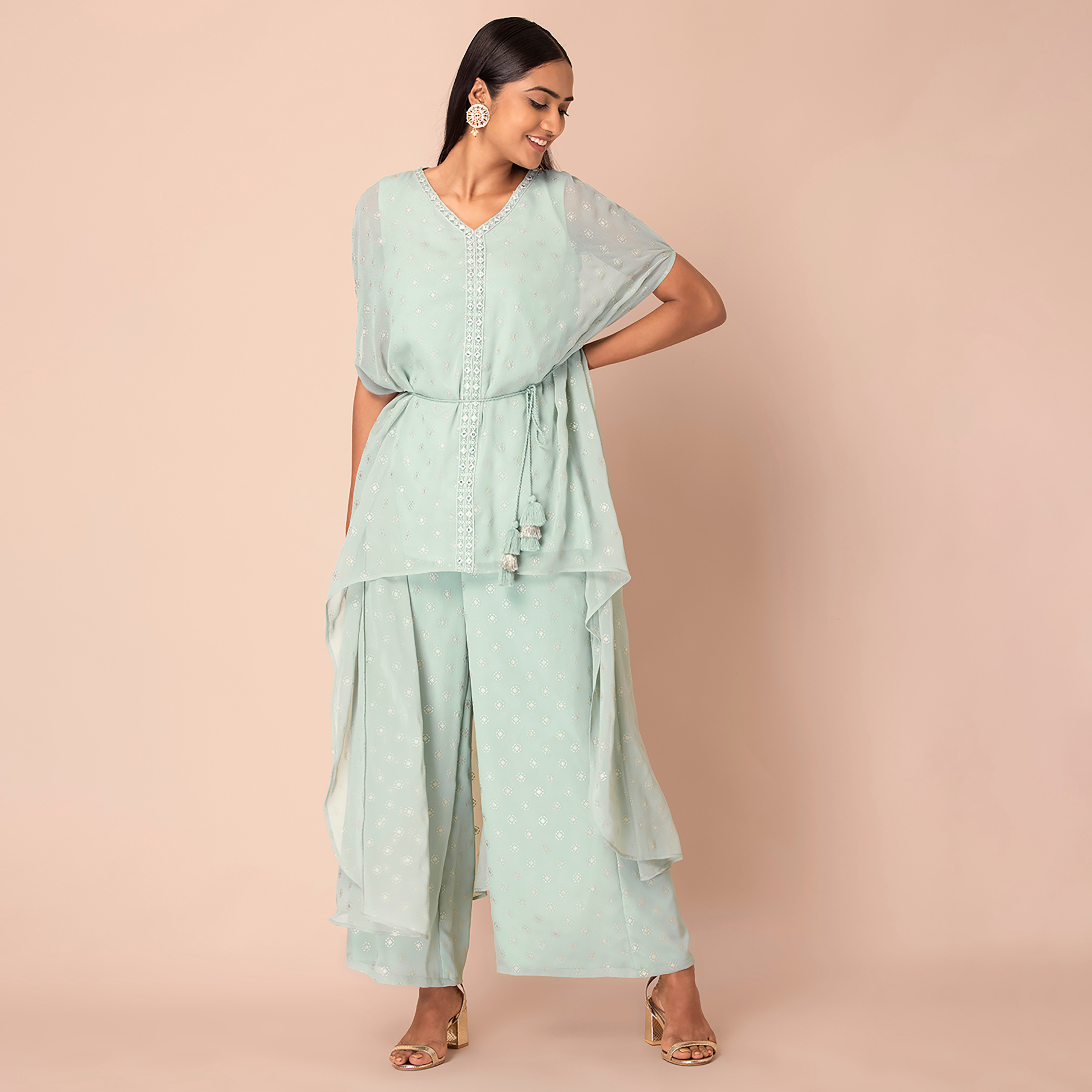 قفطان كورتا جورجيت برقبة على شكل وى ذو فويل مطبوع مع ميرار وورك من إنديا-women-clothing-ethnicwear-kurtas-image-1