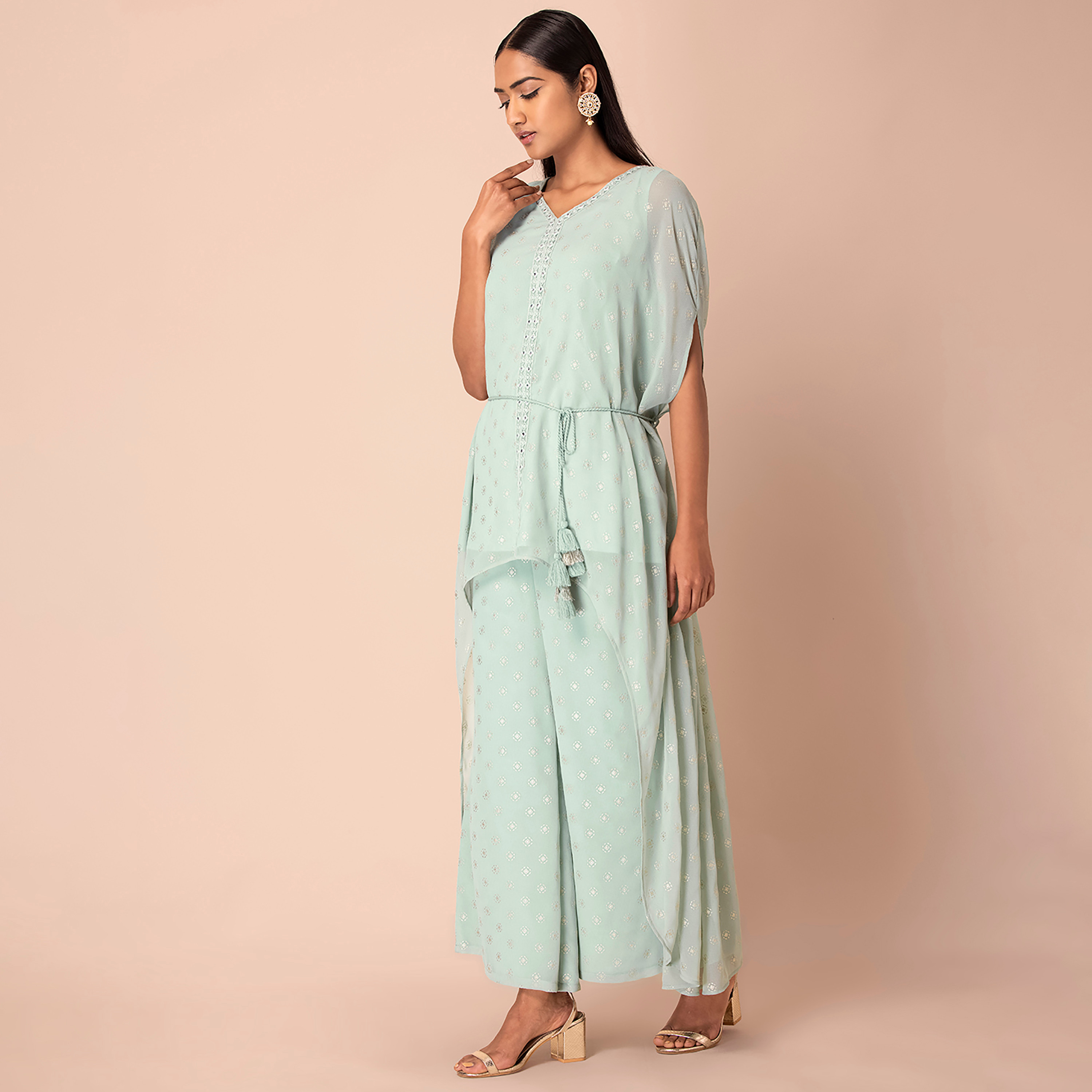 Indya Foil Print Georgette V-Neck Kaftan Kurta with Mirror Work-women-clothing-ethnicwear-kurtas-image-2