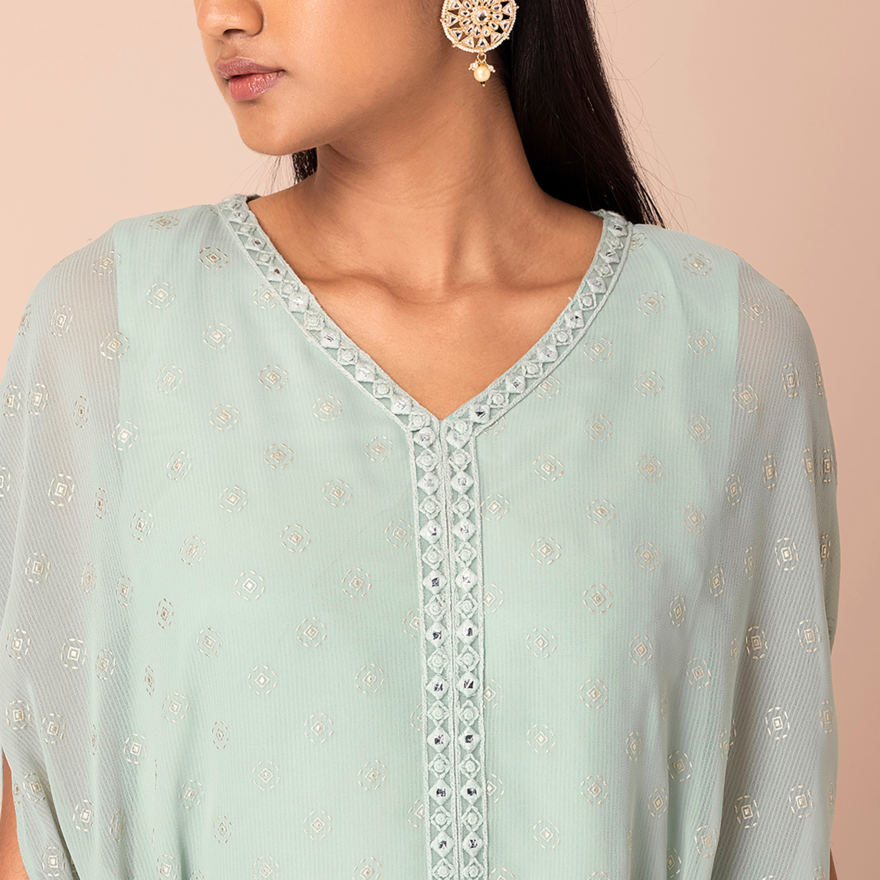 قفطان كورتا جورجيت برقبة على شكل وى ذو فويل مطبوع مع ميرار وورك من إنديا-women-clothing-ethnicwear-kurtas-image-3