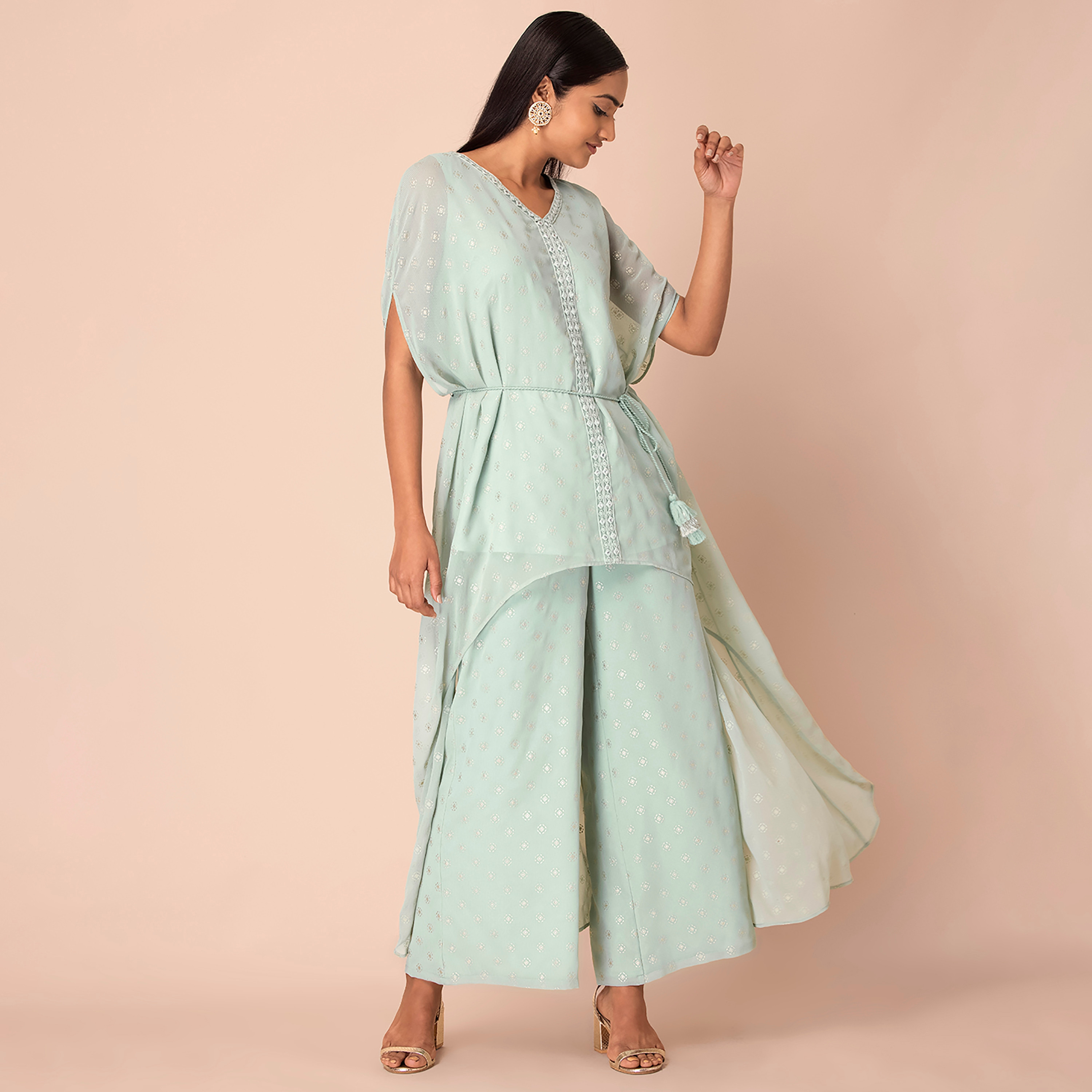 Indya Foil Print Georgette V-Neck Kaftan Kurta with Mirror Work-women-clothing-ethnicwear-kurtas-image-4
