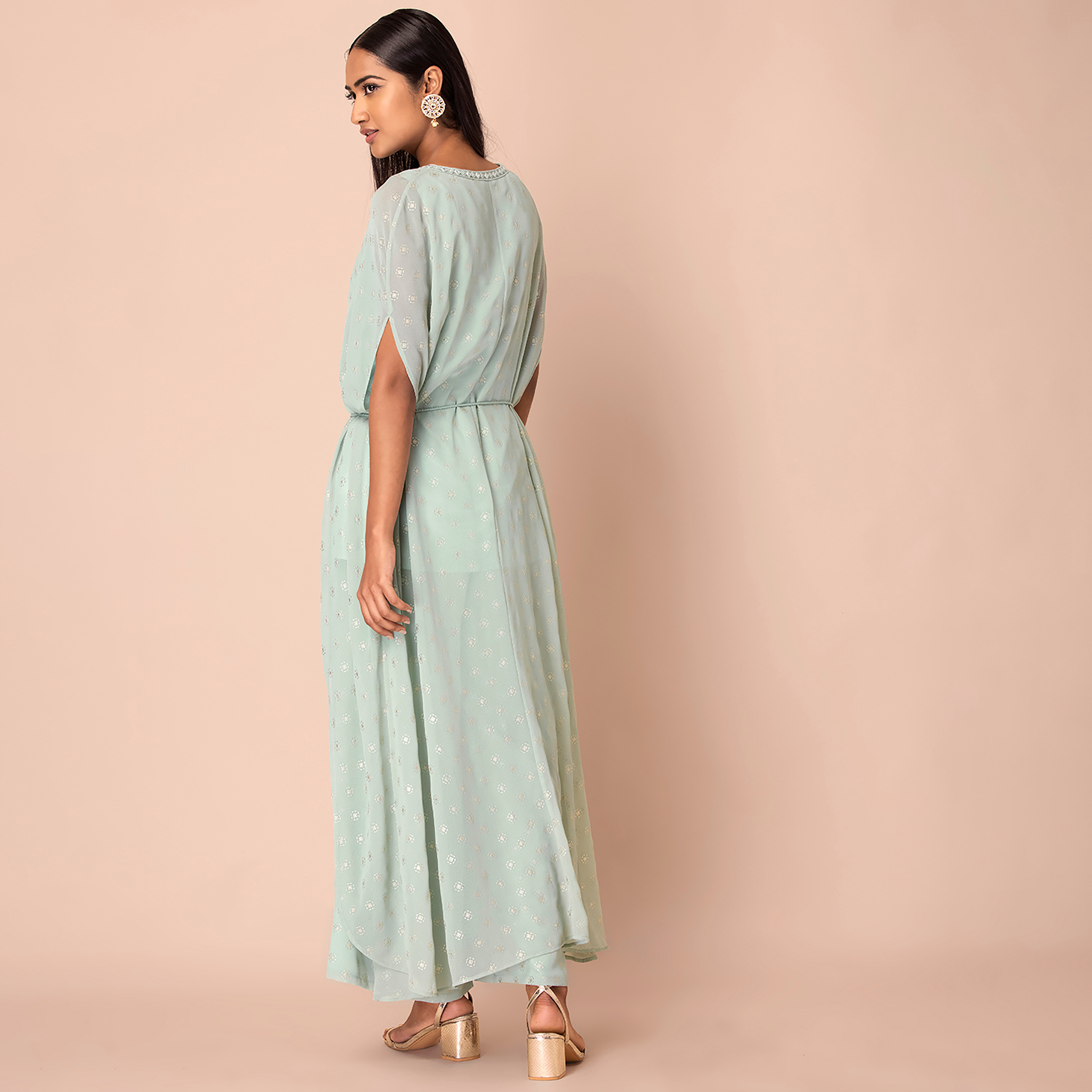 قفطان كورتا جورجيت برقبة على شكل وى ذو فويل مطبوع مع ميرار وورك من إنديا-women-clothing-ethnicwear-kurtas-image-5