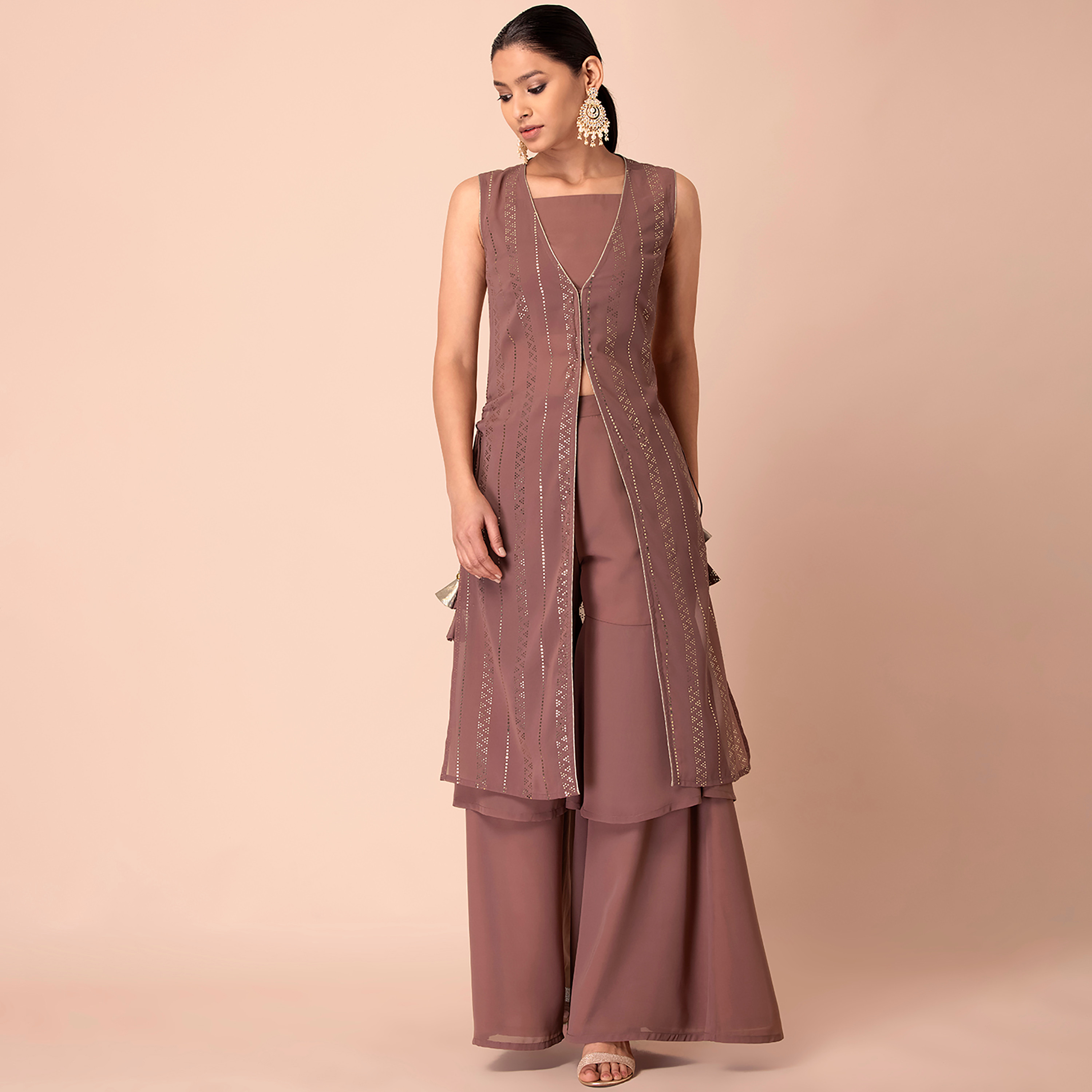 Indya Foil Printed Georgette V-Neck Front Slit Kurta-women-clothing-ethnicwear-kurtas-image-1