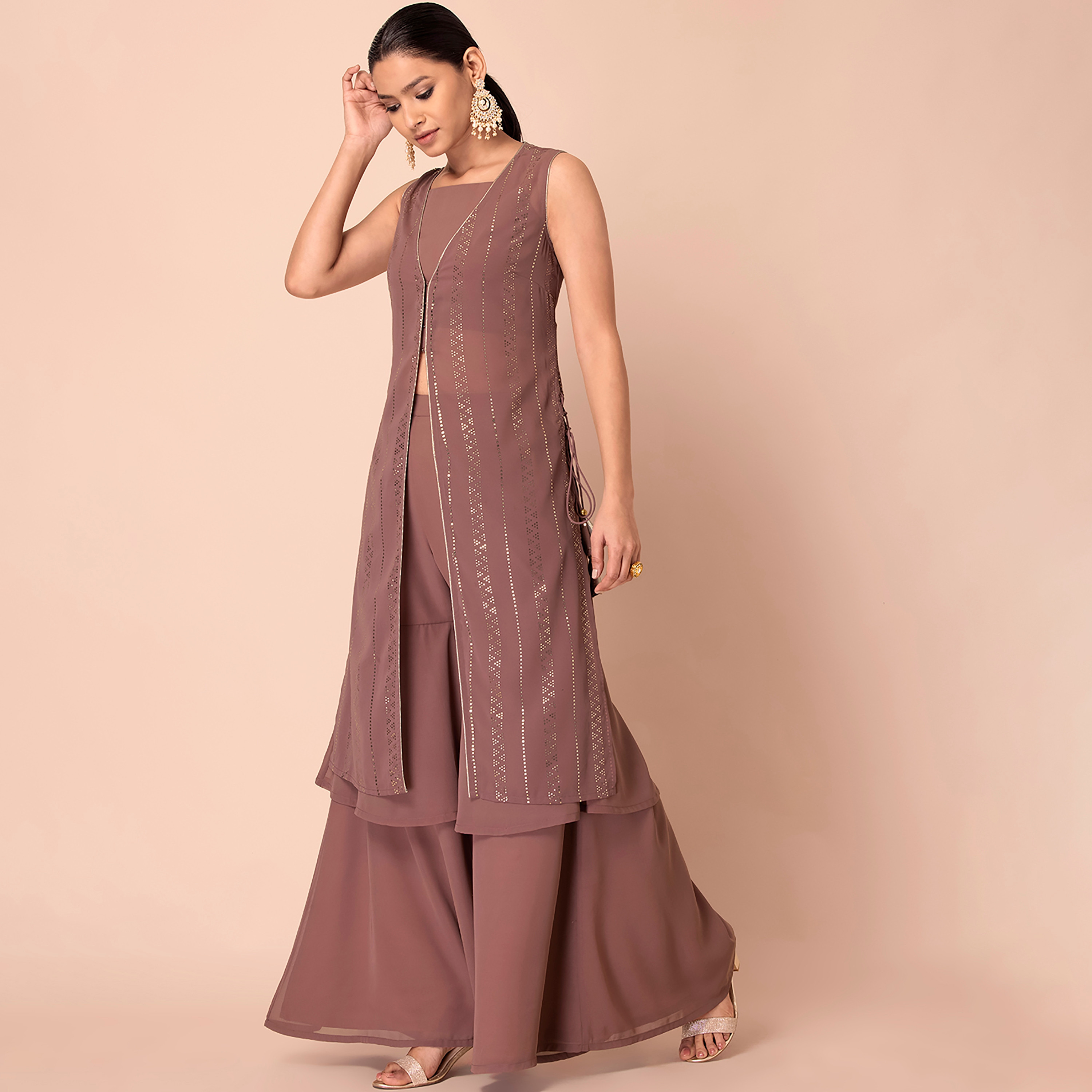 Indya Foil Printed Georgette V-Neck Front Slit Kurta-women-clothing-ethnicwear-kurtas-image-4
