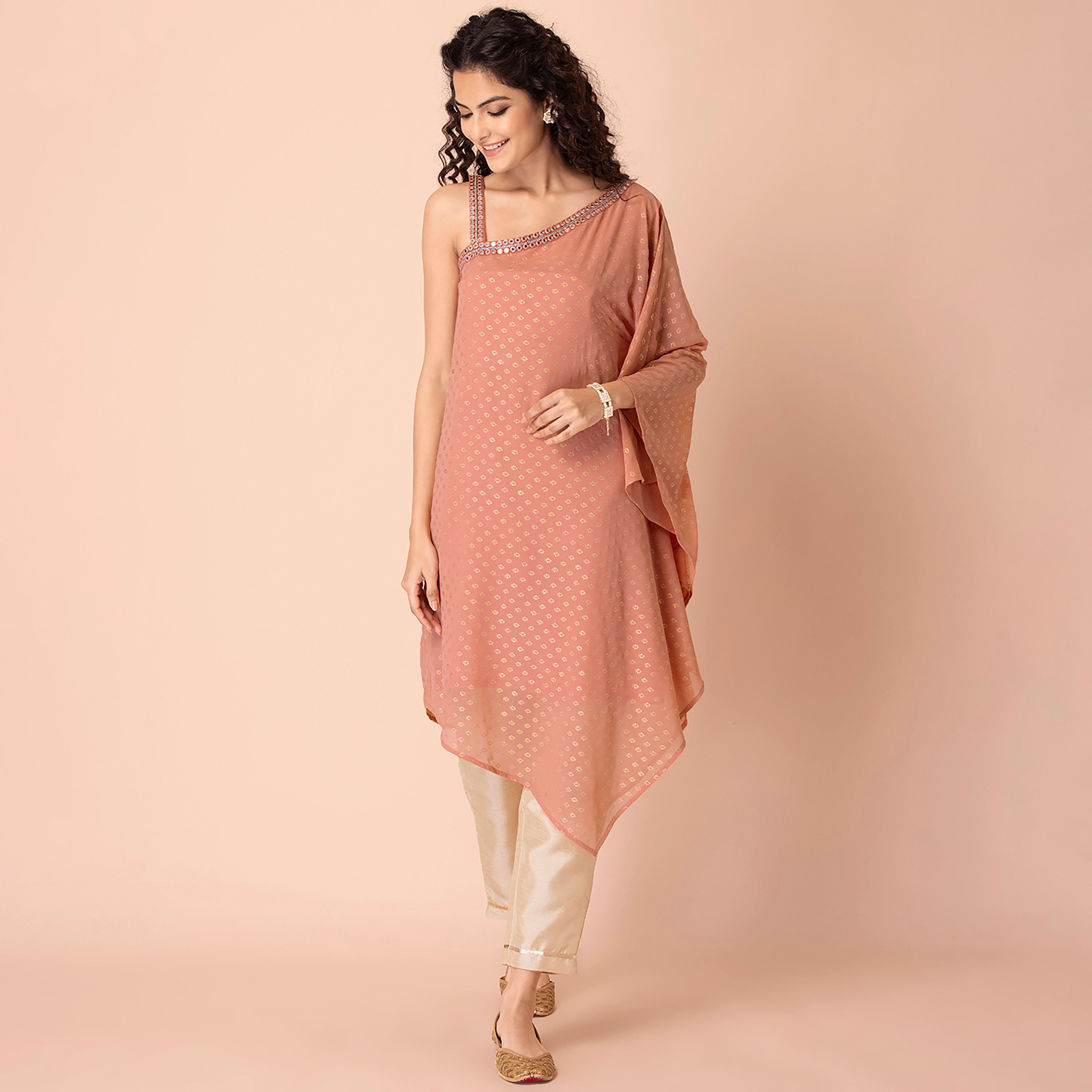 كورتا جورجيت غير متماثلة مع ميرار وورك من إنديا مع مطبوع وفويل-women-clothing-ethnicwear-kurtas-image-1