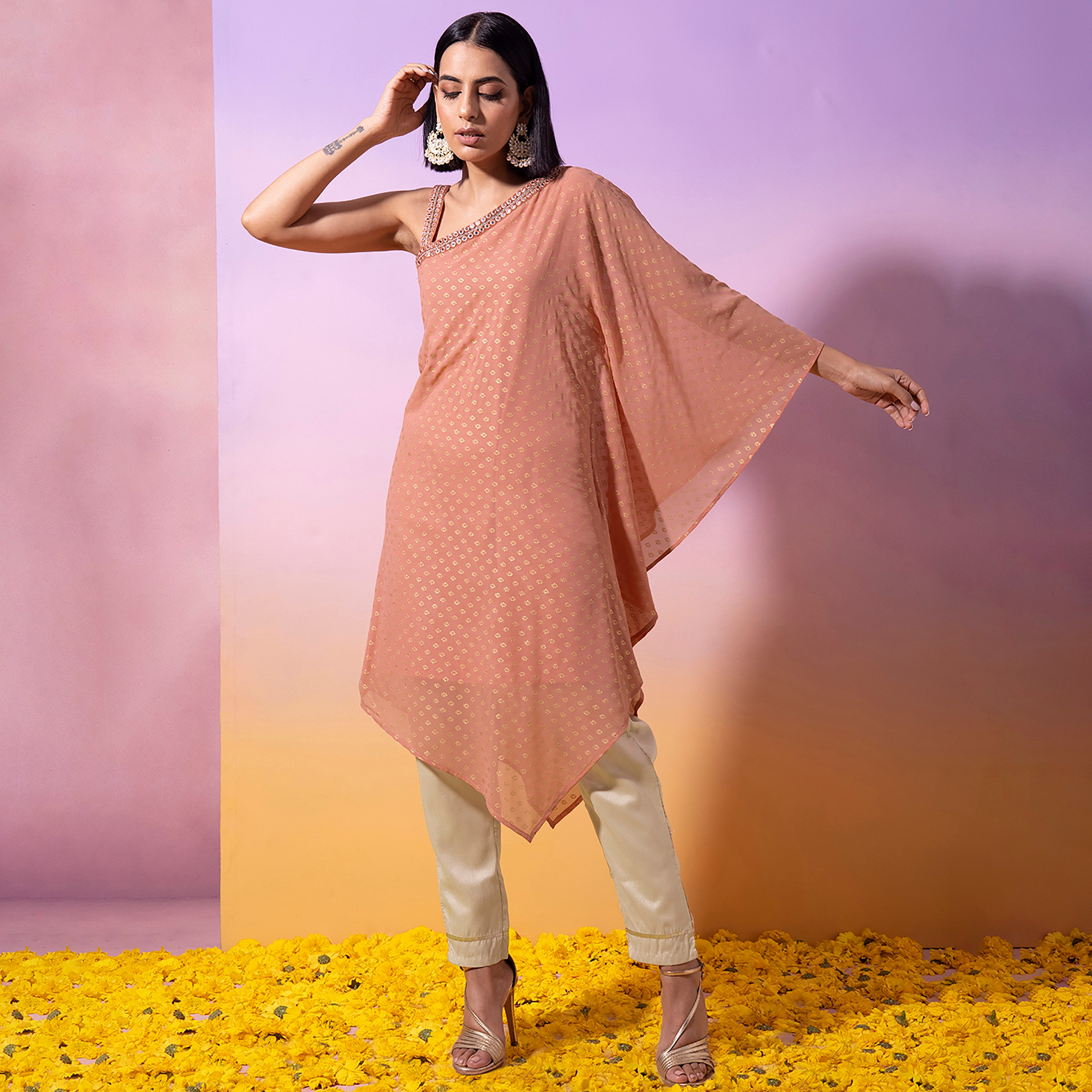 كورتا جورجيت غير متماثلة مع ميرار وورك من إنديا مع مطبوع وفويل-women-clothing-ethnicwear-kurtas-image-2
