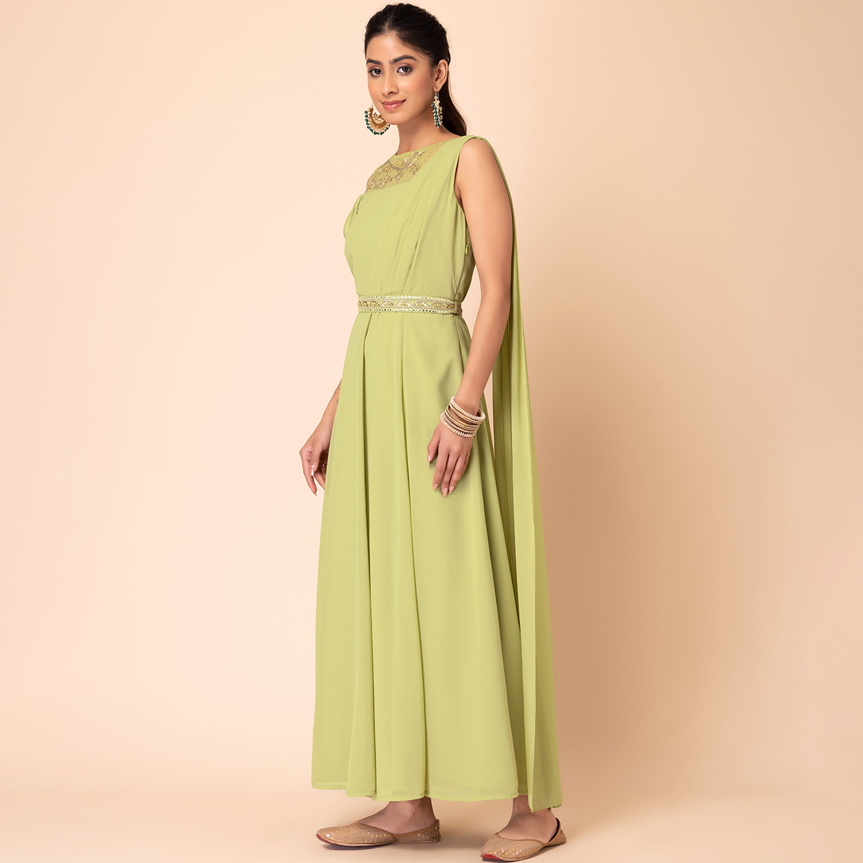 Indya Women Green Bandhani Print Cotton Dress with Belt (Set of 2)