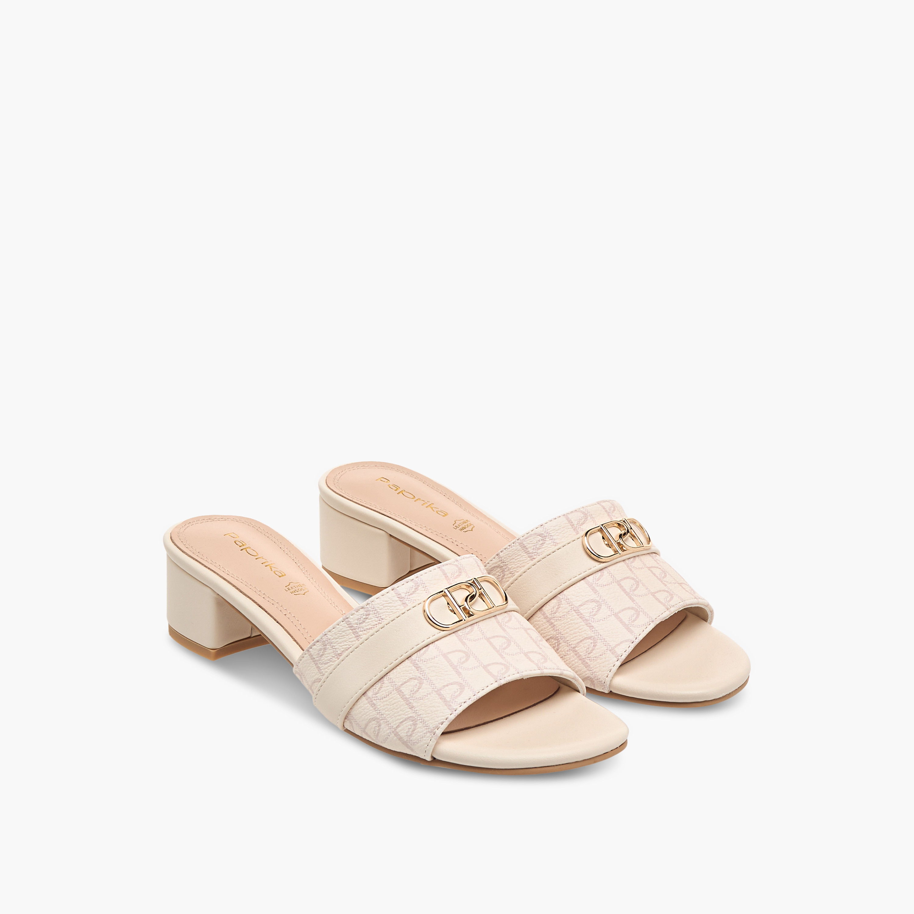 Paprika Monogram Print Slip-On Sandals with Block Heels-women-shoes-sandals-heeled-image-1
