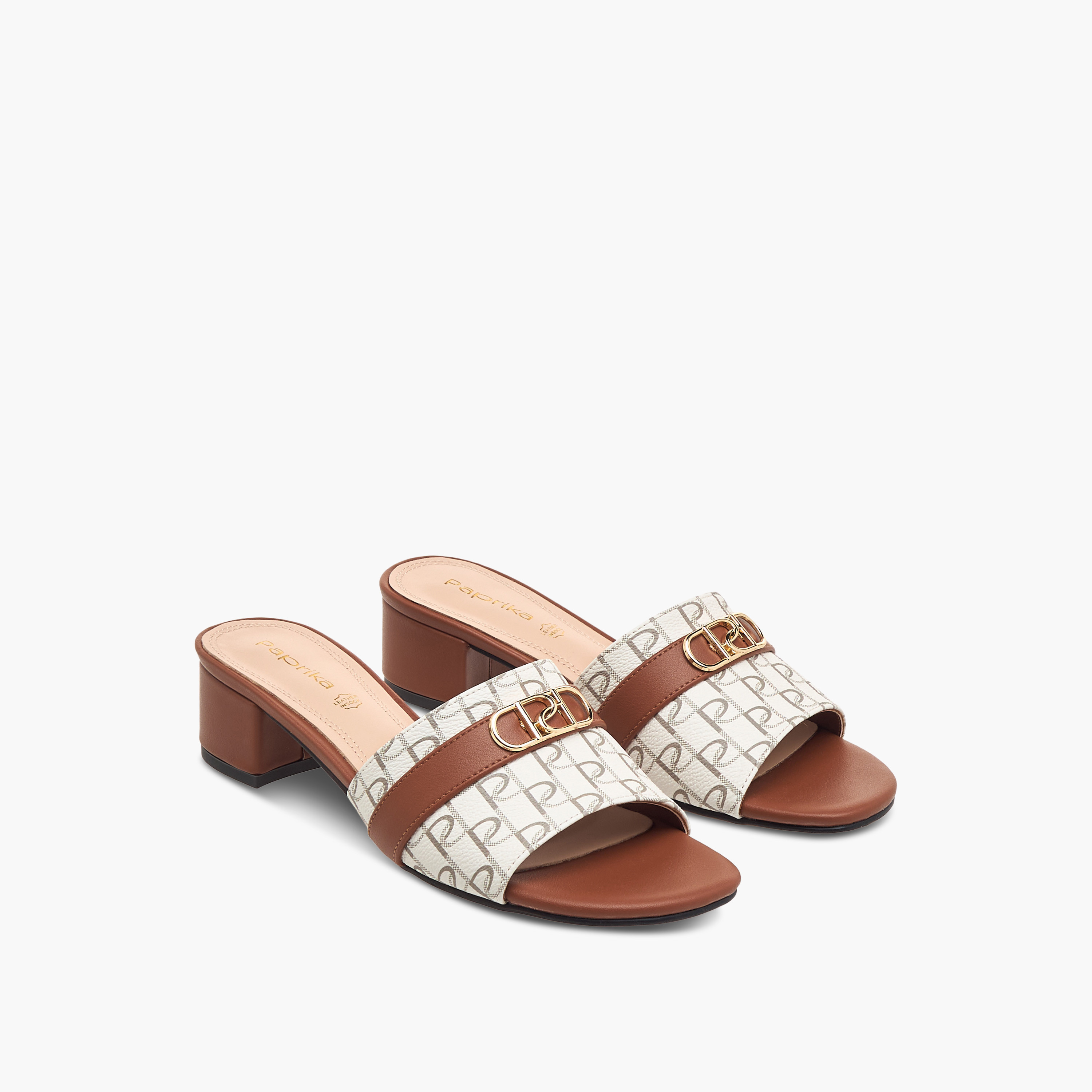 Paprika Monogram Print Slip-On Sandals with Block Heels-women-shoes-sandals-heeled-image-1