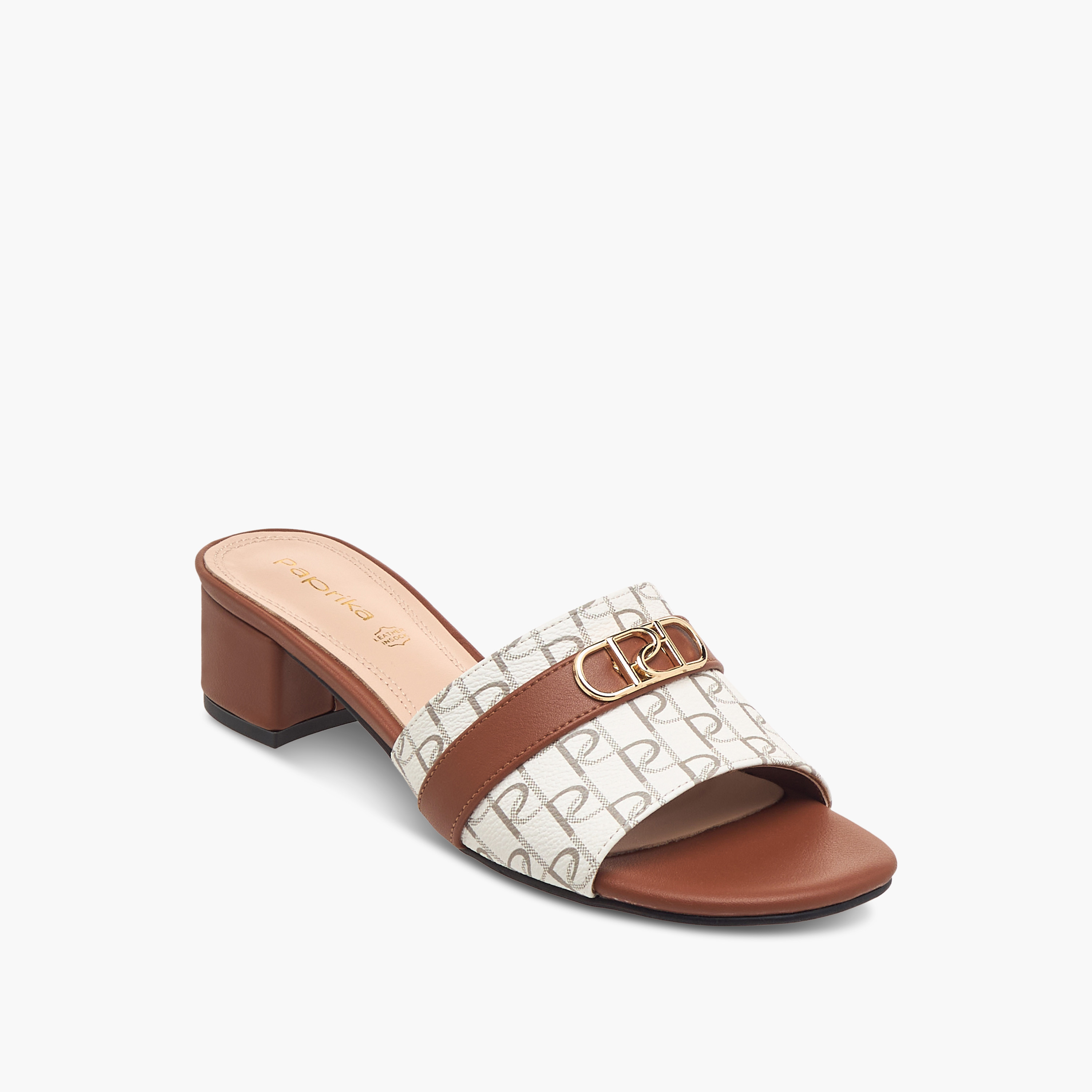 Paprika Monogram Print Slip-On Sandals with Block Heels-women-shoes-sandals-heeled-image-2