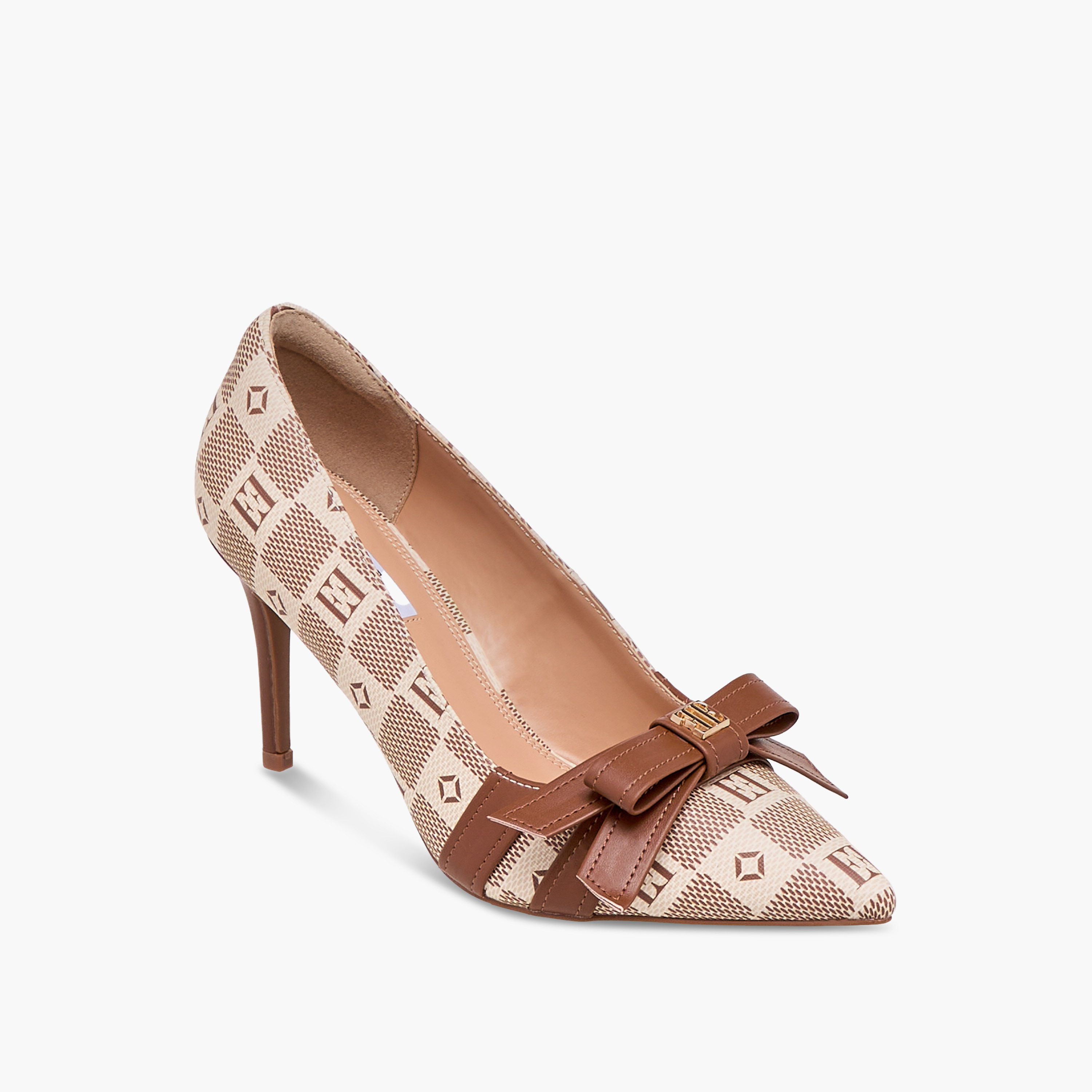 Elle Women's Damier Monogram Print Slip-On Pumps with Stiletto Heels-women-shoes-heels-image-2