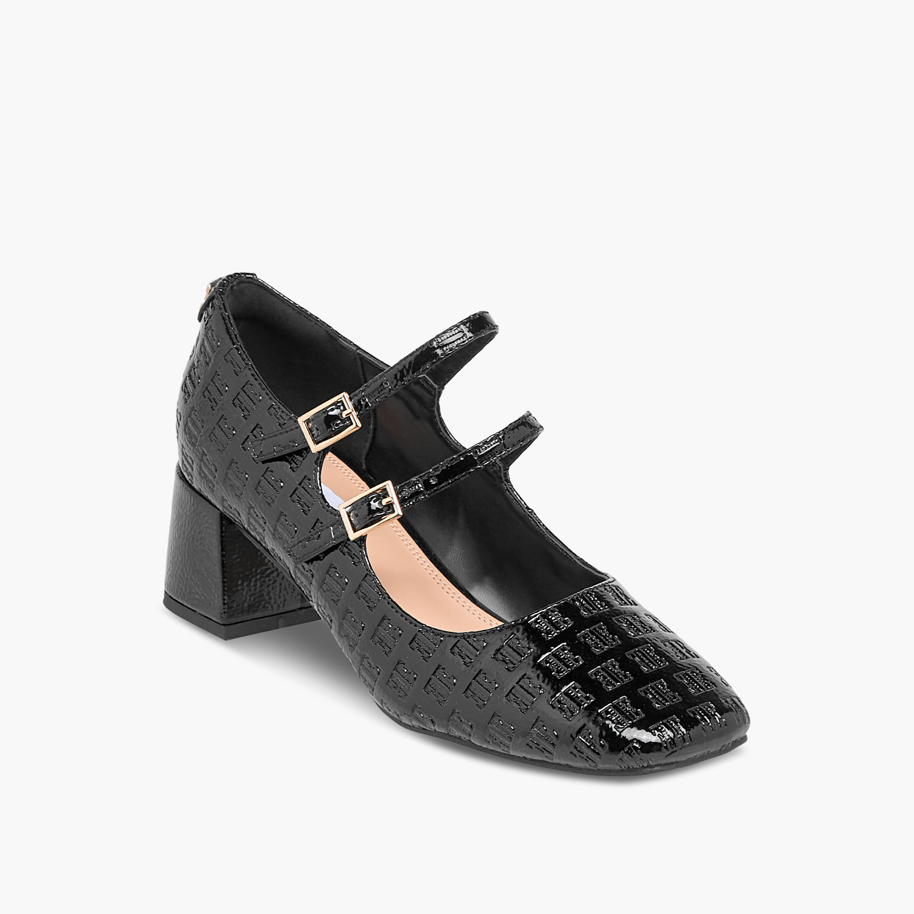 حذاء بنقوش شعار وكعب سميك وإغلاق إبزيم مزدوج للنساء من إيل-women-shoes-heels-image-2