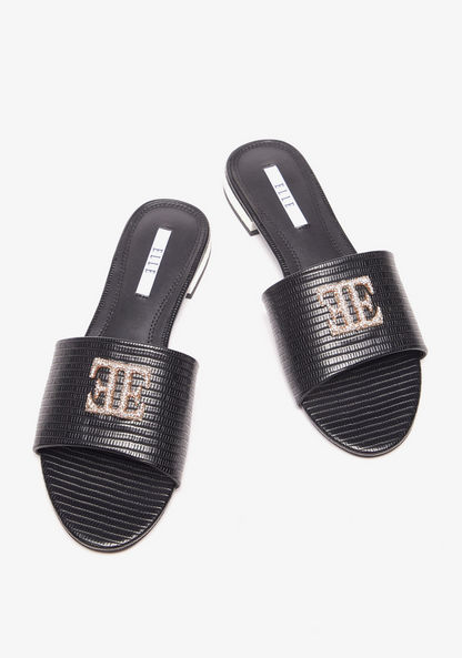 Elle Women's Striped Slip-On Slide Sandals with Embellished Metal Logo Trim-Women%27s Flat Sandals-image-2