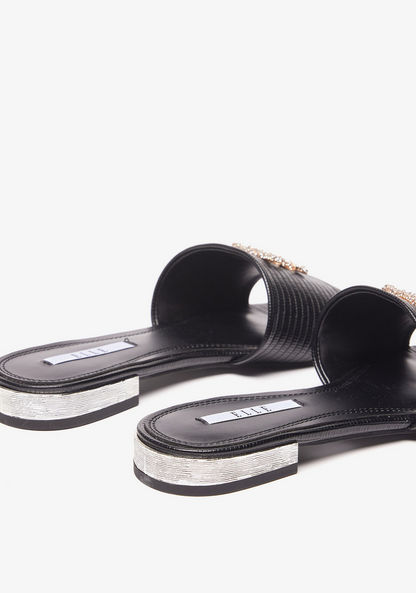 Elle Women's Striped Slip-On Slide Sandals with Embellished Metal Logo Trim-Women%27s Flat Sandals-image-3