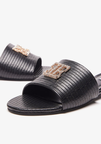 Elle Women's Striped Slip-On Slide Sandals with Embellished Metal Logo Trim-Women%27s Flat Sandals-image-5