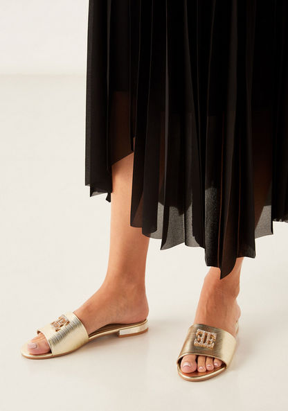 Elle Women's Striped Slip-On Slide Sandals with Embellished Metal Logo Trim