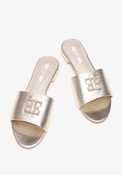 Elle Women's Striped Slip-On Slide Sandals with Embellished Metal Logo Trim