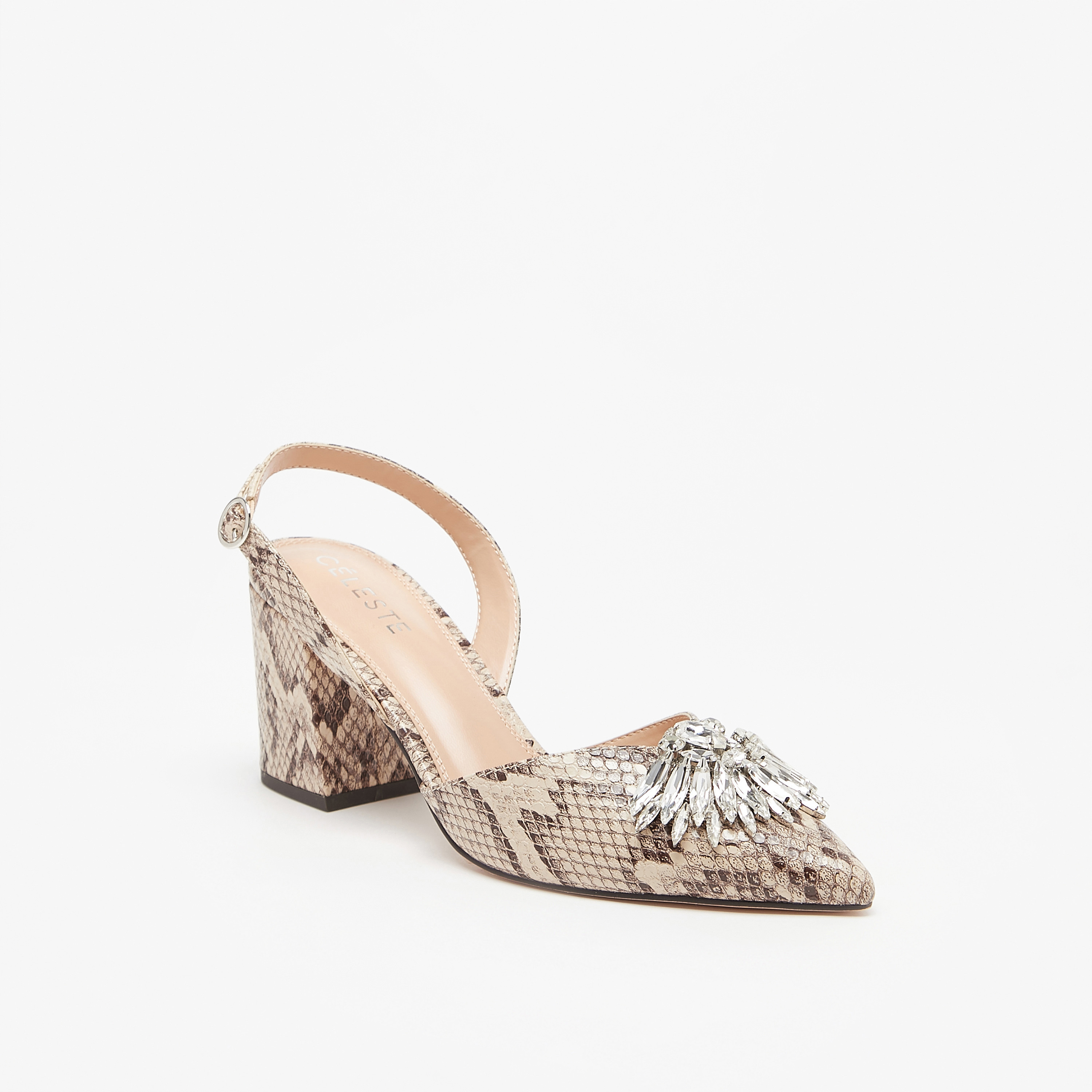 حذاء كلاسيكي بكعب عريض مزين بطبعات جلد الثعبان مع إبزيم إغلاق للنساء من سيليست-women-shoes-heels-image-1